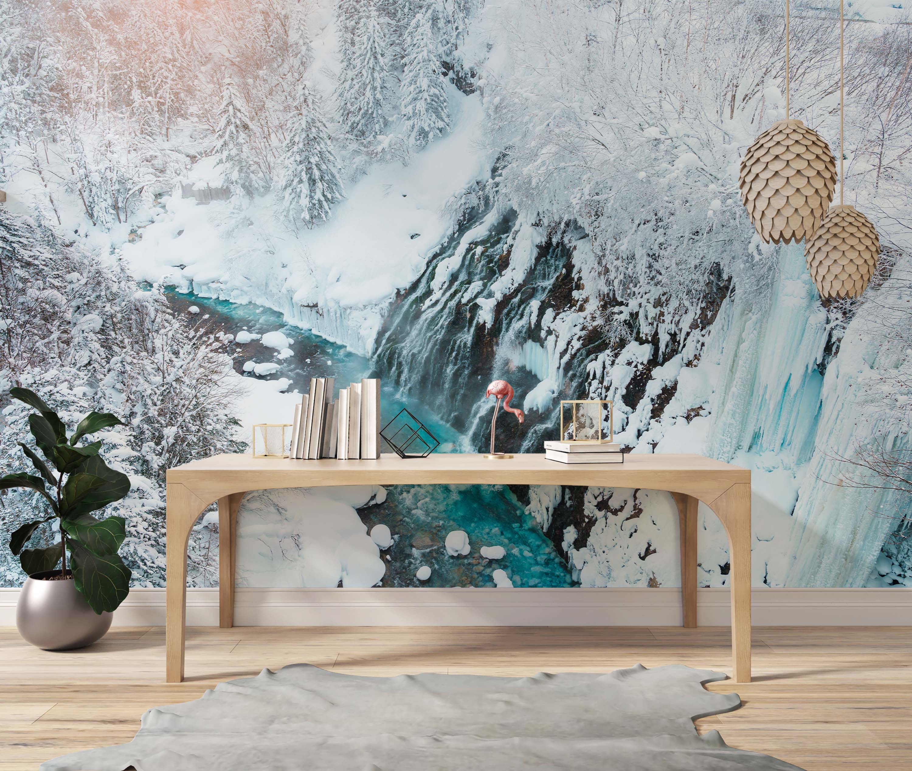 A photorealistic mural of a winter landscape featuring a partially frozen waterfall, a turquoise river, and snow-covered trees.