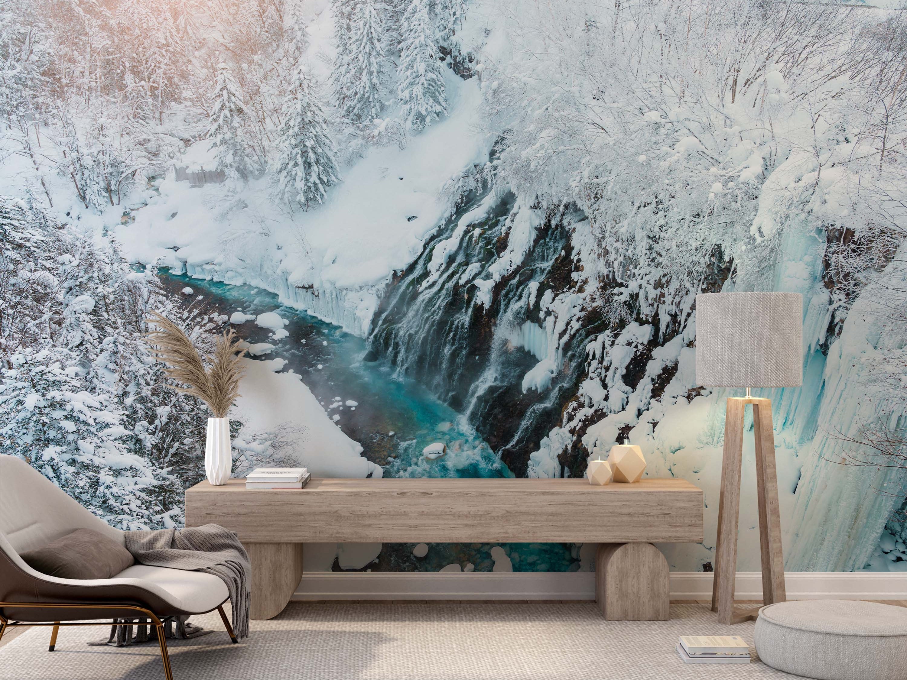 A photorealistic mural of a powerful waterfall in a snowy mountain landscape, with a vibrant turquoise river flowing below.