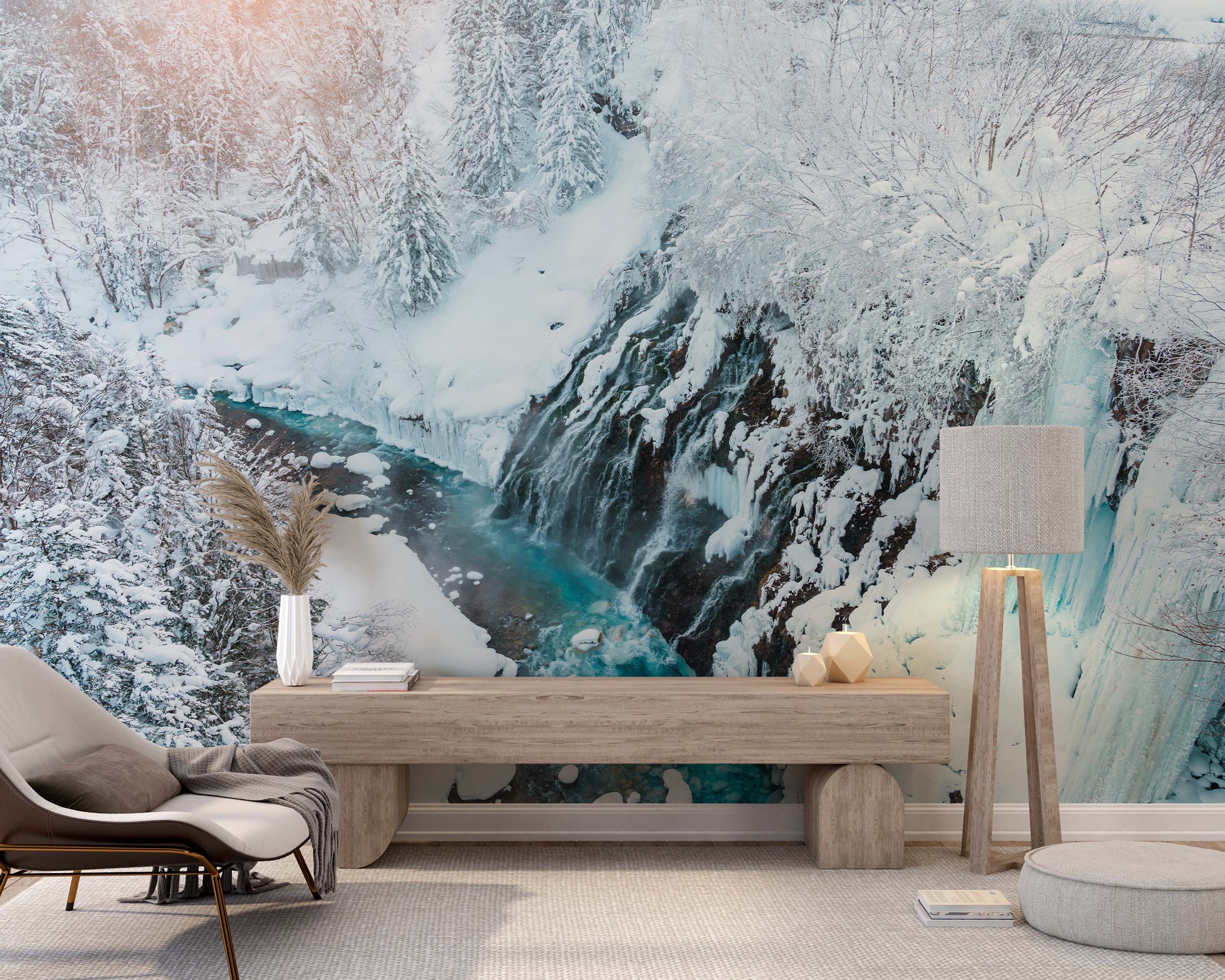 A photorealistic mural of a powerful waterfall in a snowy mountain landscape, with a vibrant turquoise river flowing below.