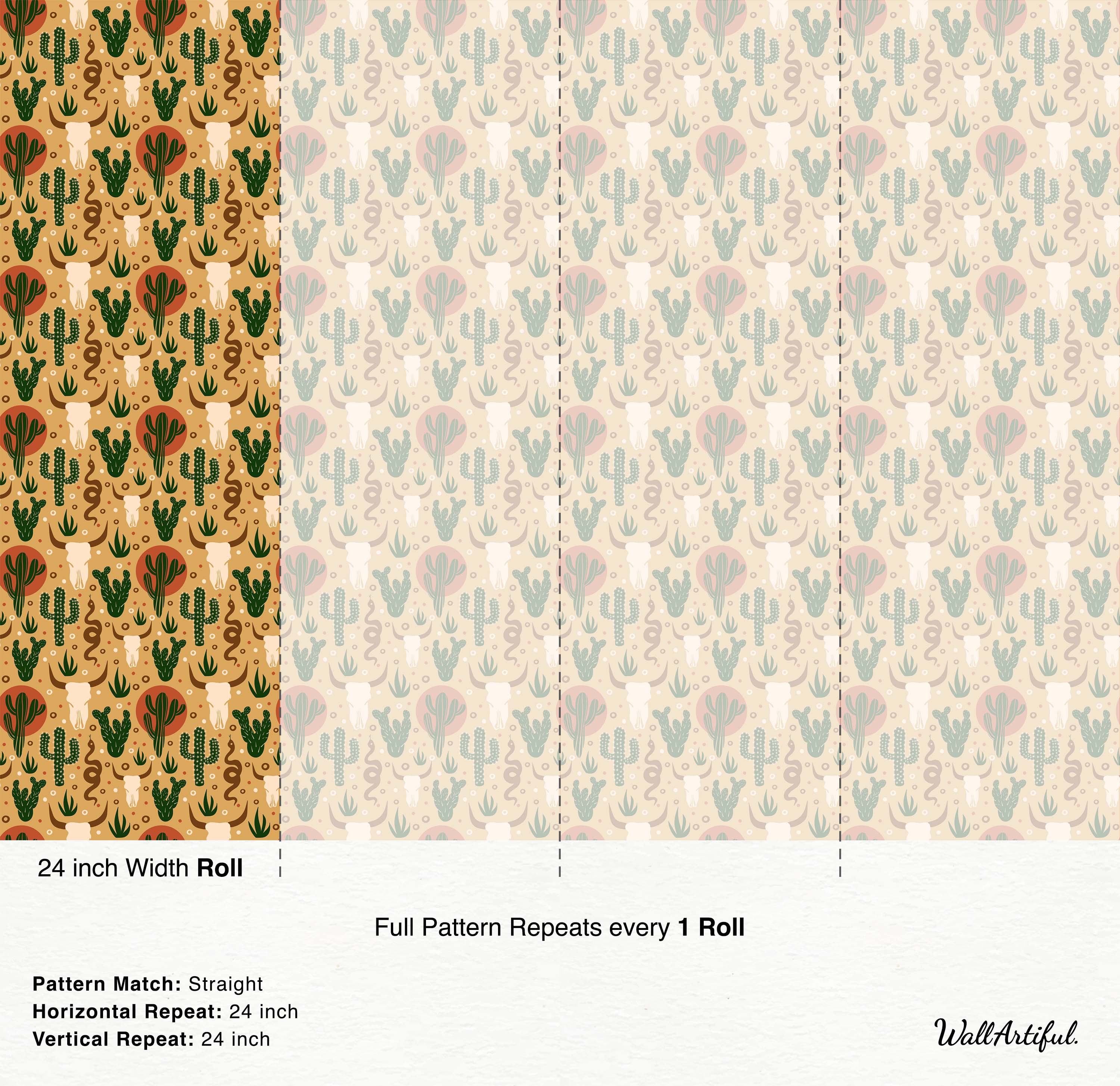 Southwestern-style wallpaper with a repeating pattern of cacti, bull skulls, and snakes in warm, earthy tones.