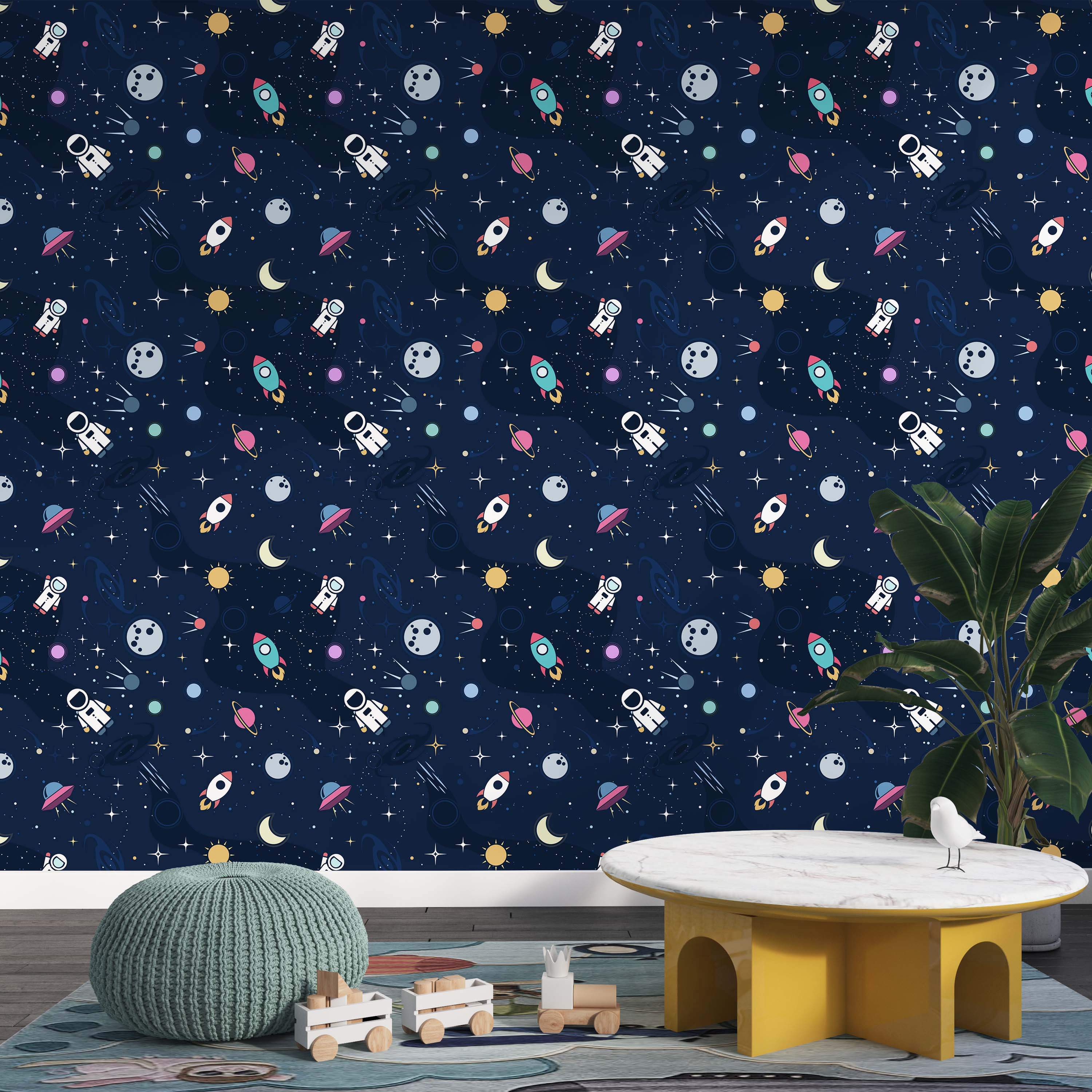 Kids cartoon space wallpaper featuring astronauts, rockets, planets, and stars on a dark navy blue background.
