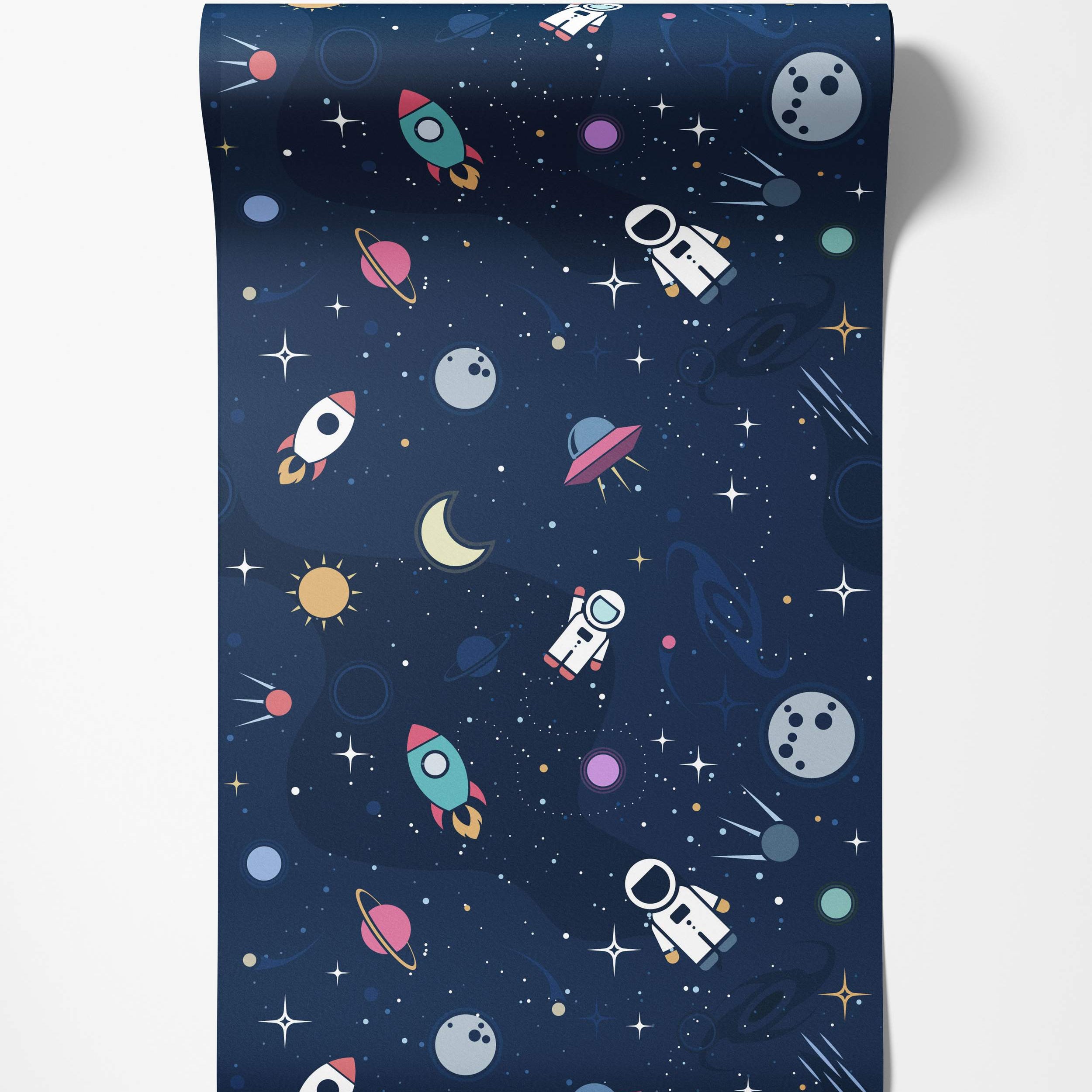 Kids cartoon space wallpaper featuring astronauts, rockets, planets, and stars on a dark blue background.