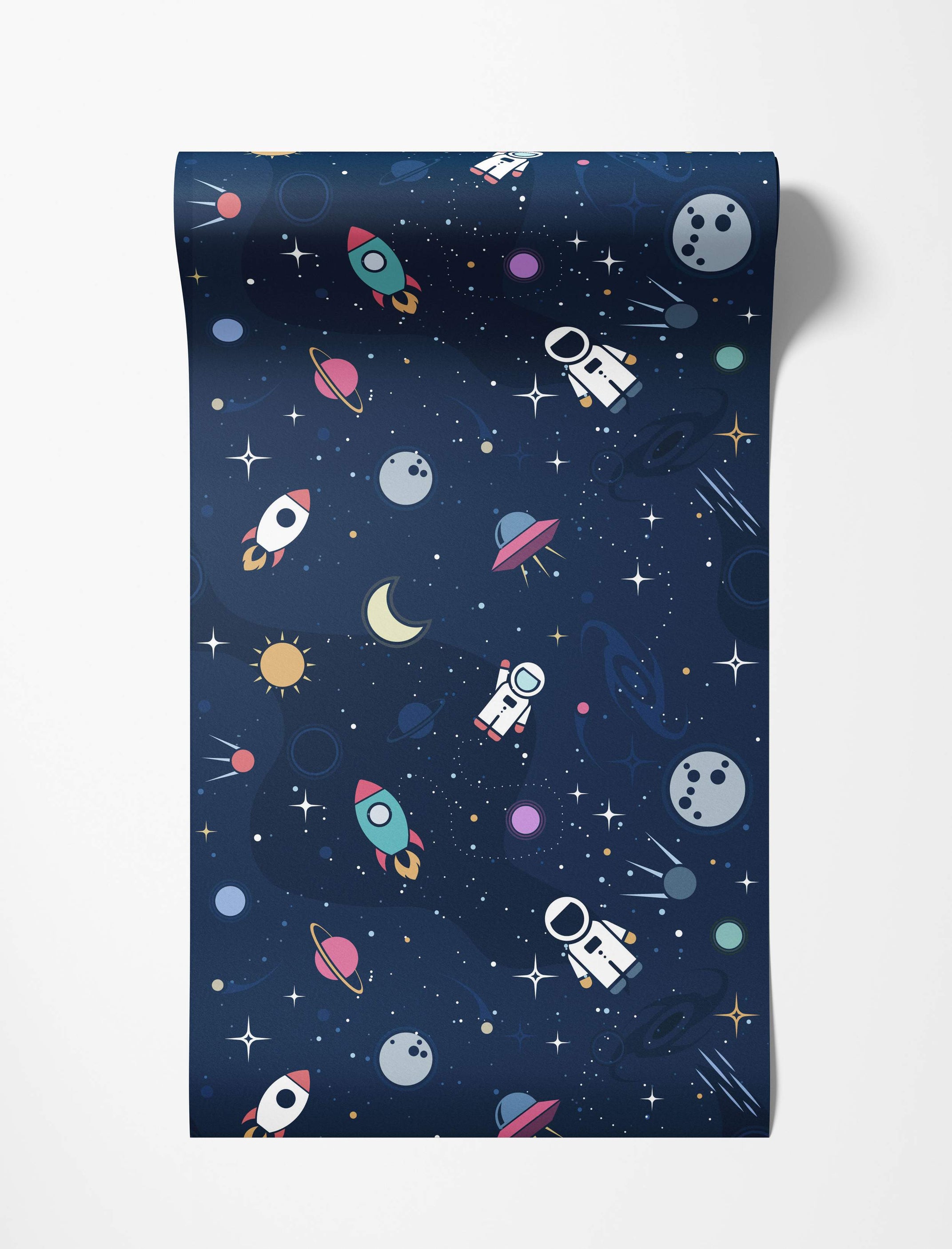 Kids cartoon space wallpaper featuring astronauts, rockets, planets, and stars on a dark blue background.