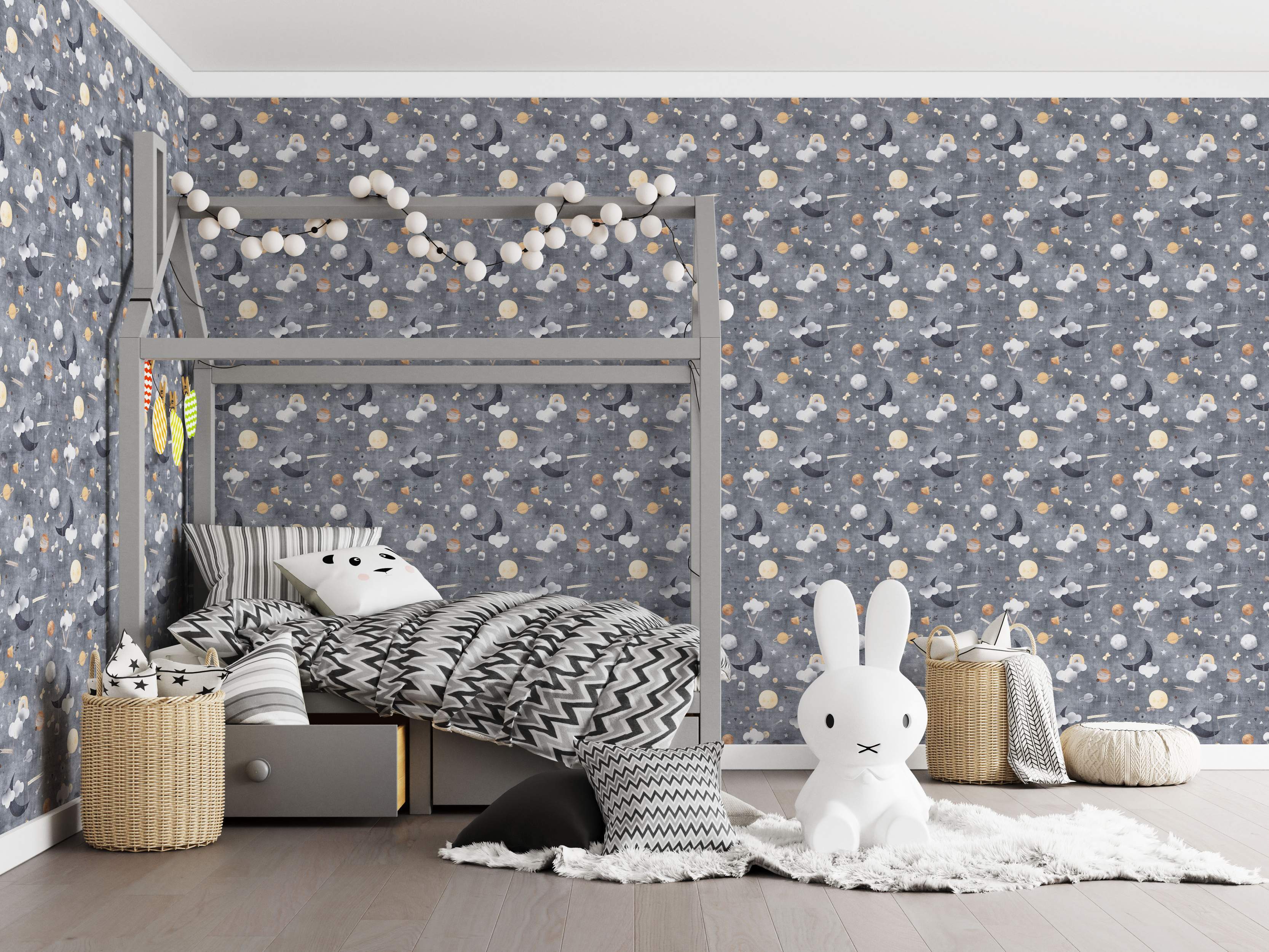 Watercolor celestial wallpaper featuring moons, planets, stars, and clouds in yellow and white on a textured gray background.