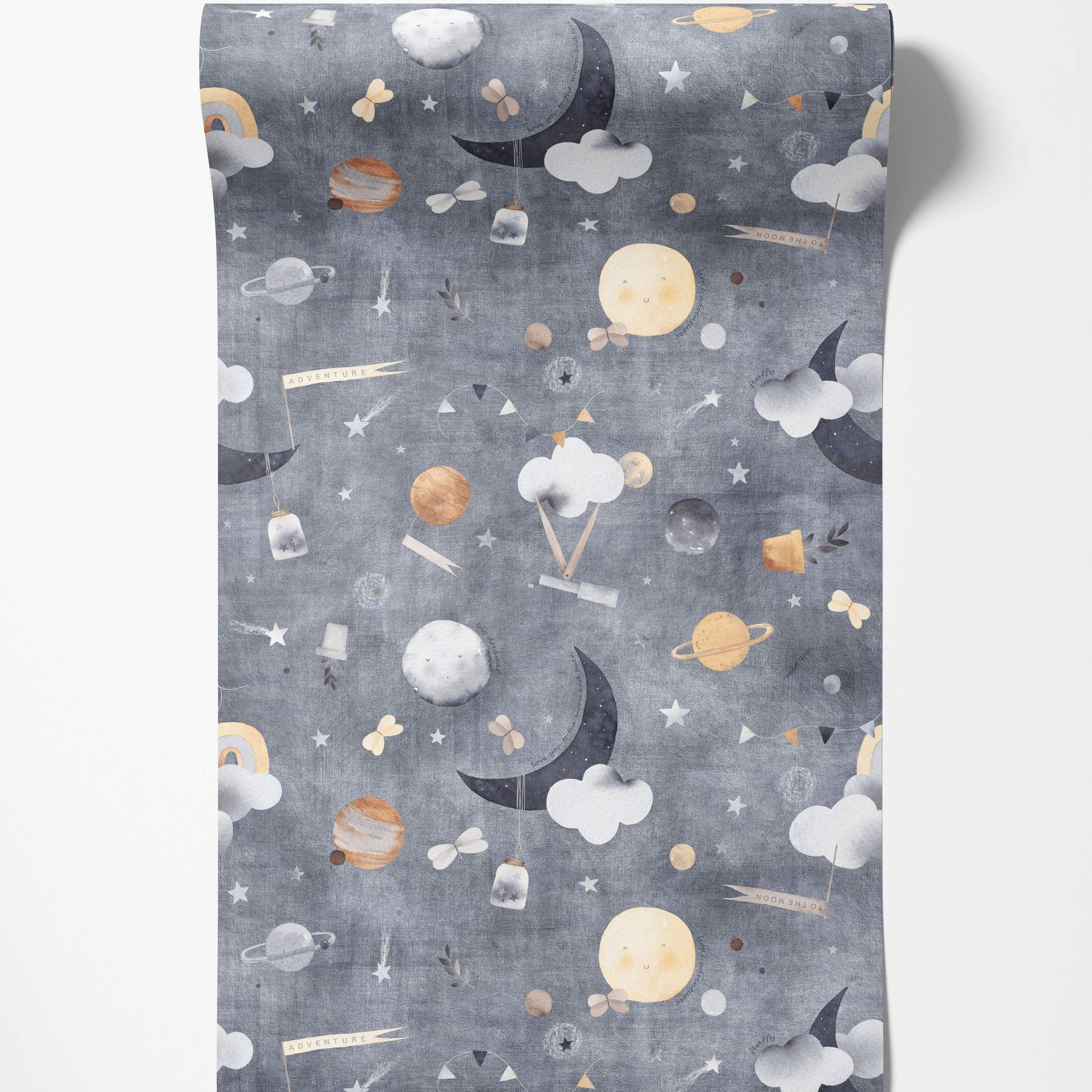 Illustrative wallpaper depicting a whimsical night sky with moons, planets, stars, and clouds in grey, yellow, and white.