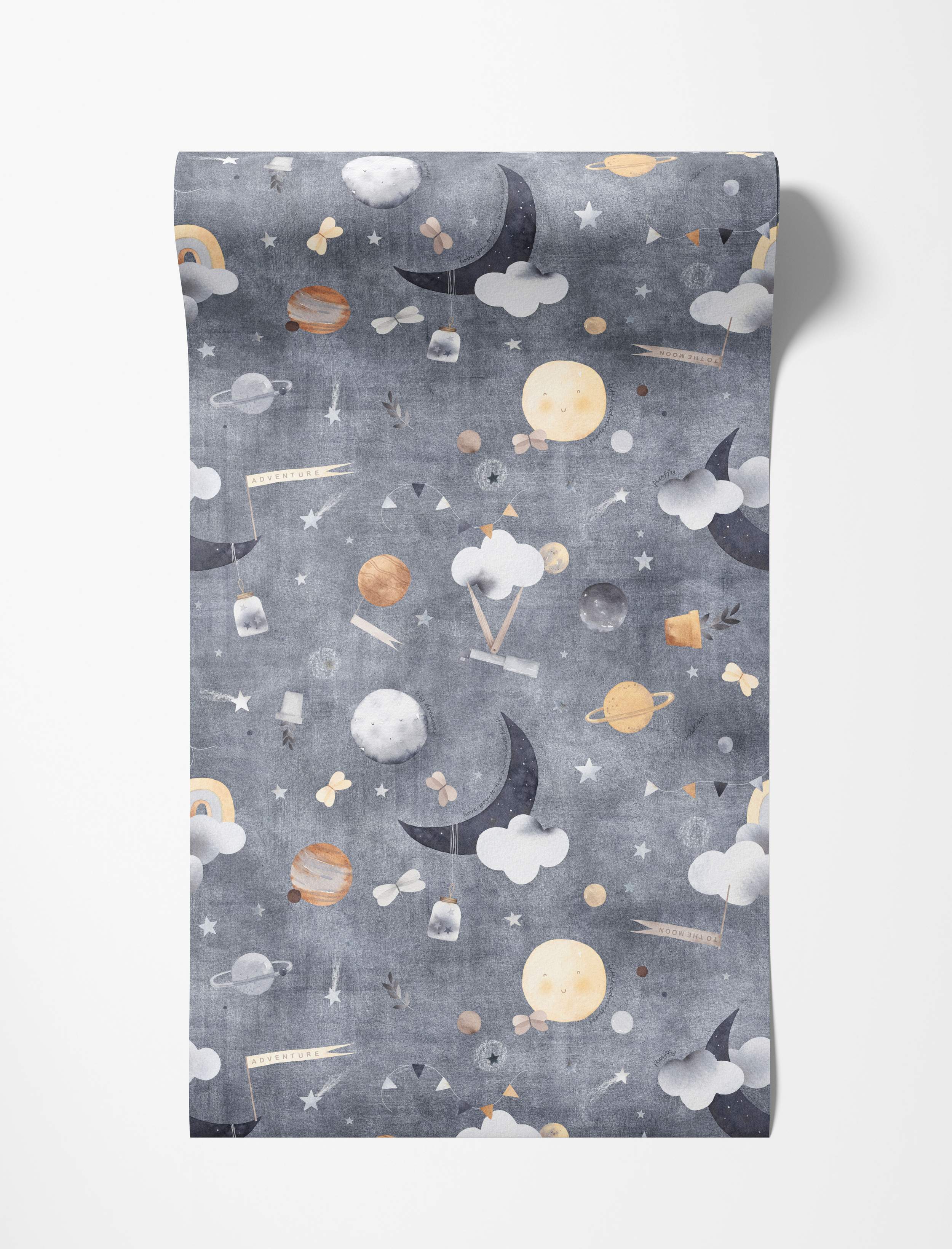 Illustrative wallpaper depicting a whimsical night sky with moons, planets, stars, and clouds in grey, yellow, and white.