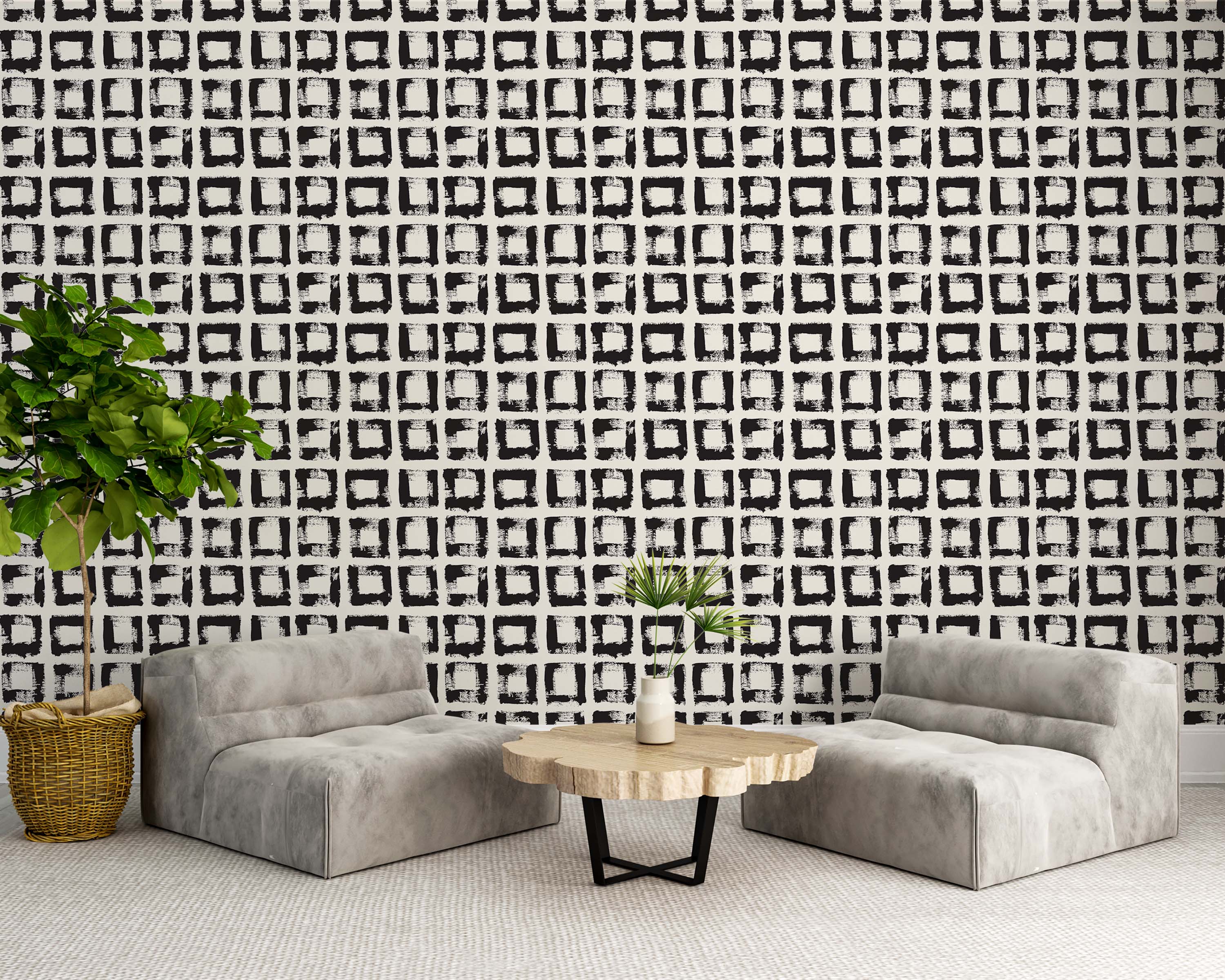 Wallpaper featuring a grid pattern of rough, black brushstroke squares on a light off-white background.