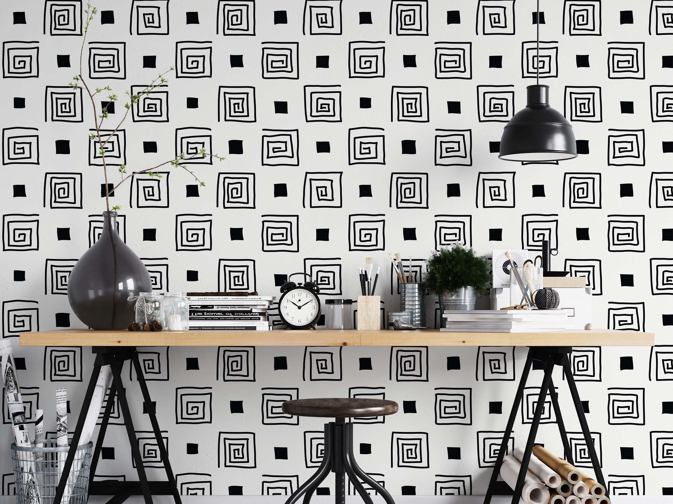Wallpaper featuring a repeating pattern of sketched black squares and square spirals alternating on a white background.