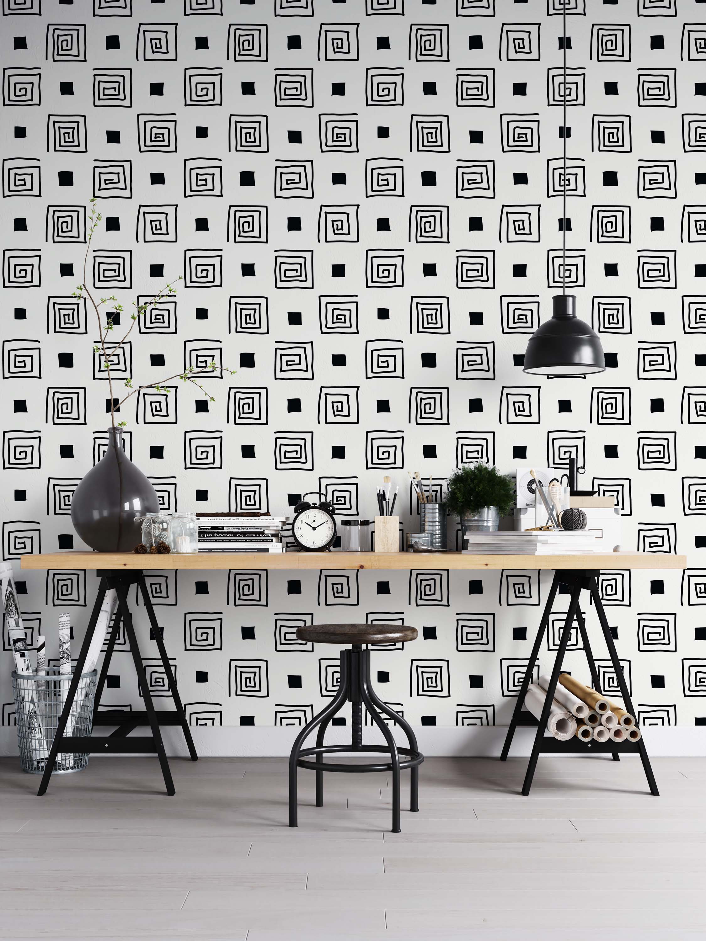 Wallpaper featuring a repeating pattern of sketched black squares and square spirals alternating on a white background.