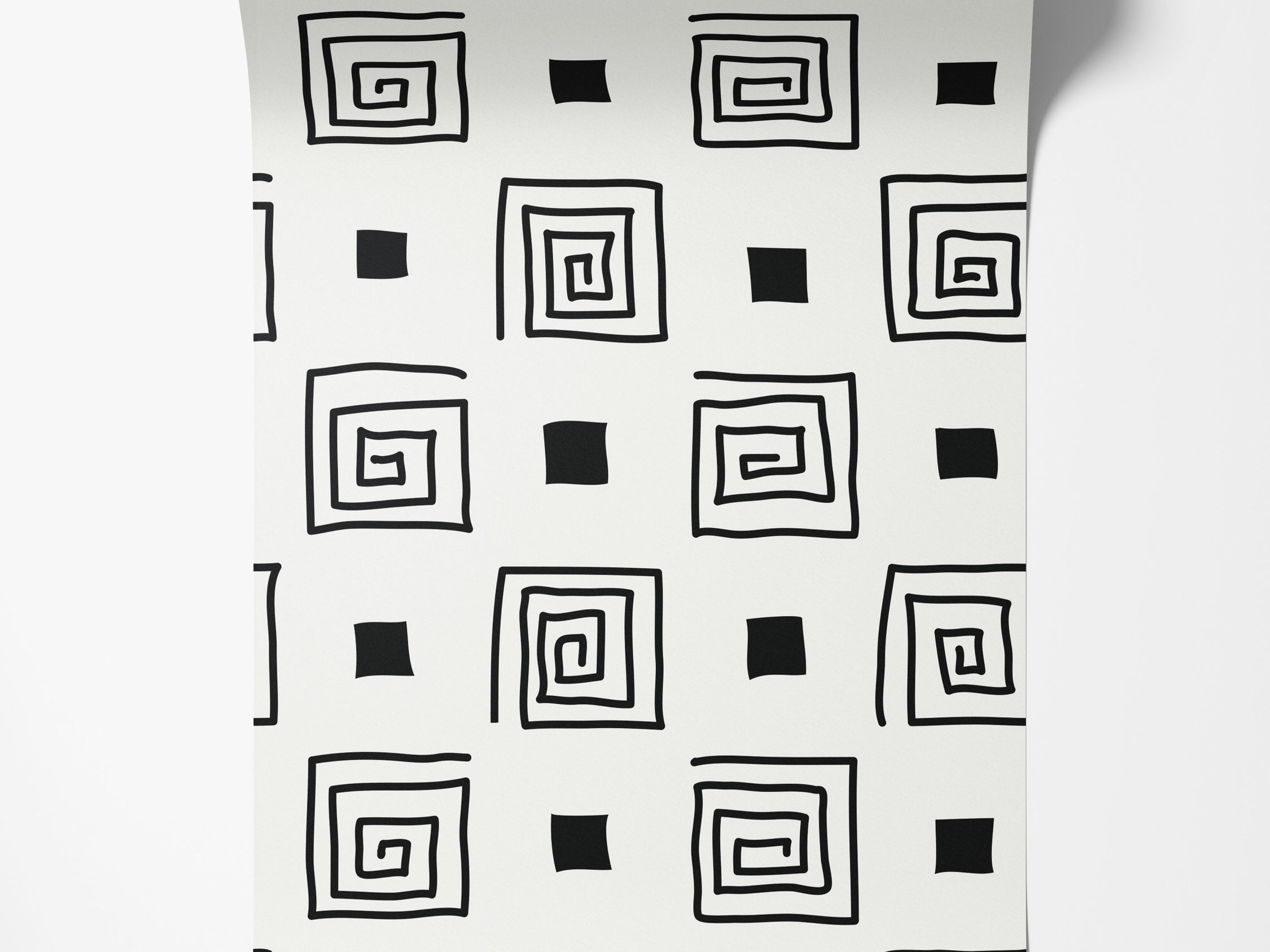 Geometric wallpaper with hand-drawn black square spirals and solid black squares on a white background.