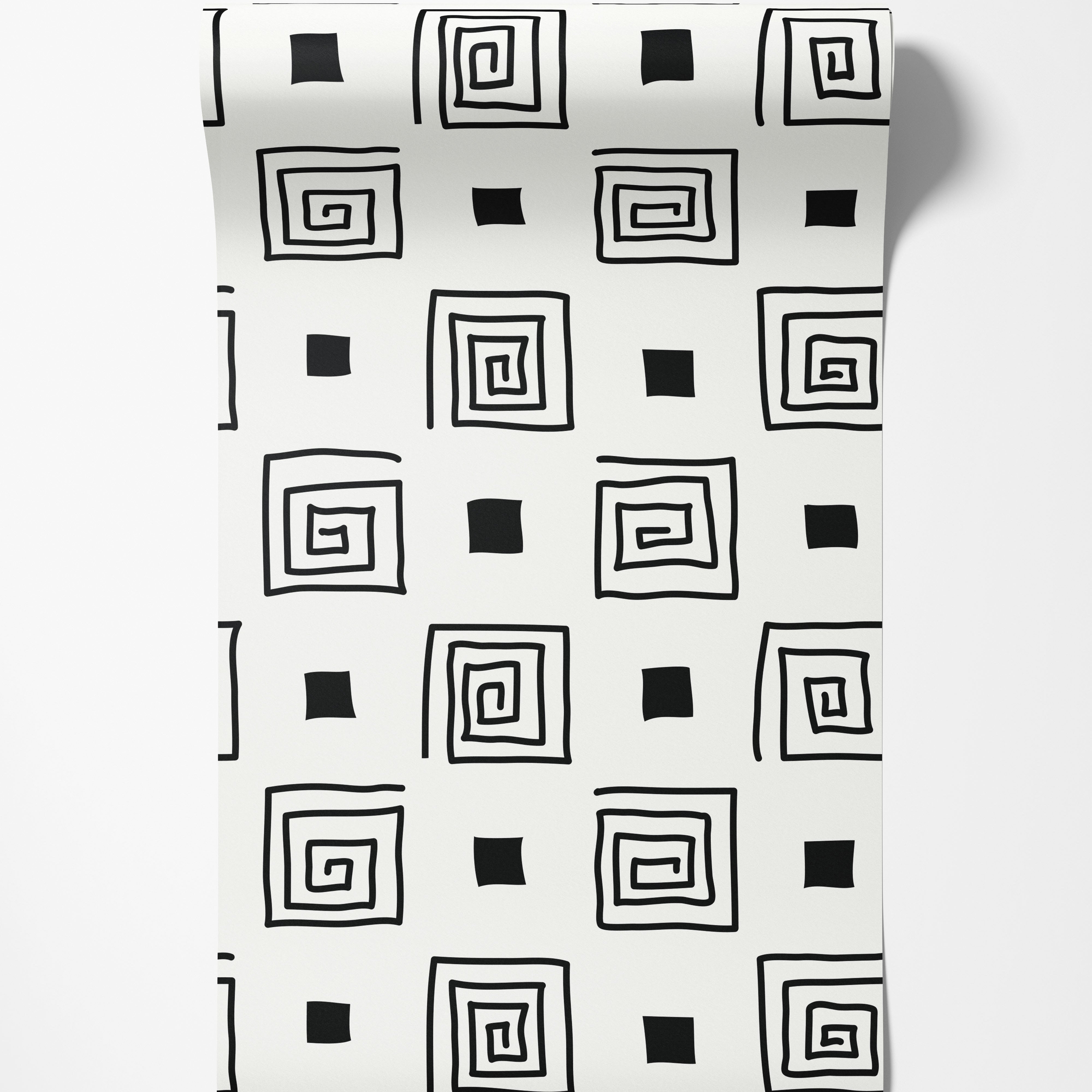 Geometric wallpaper with hand-drawn black square spirals and solid black squares on a white background.