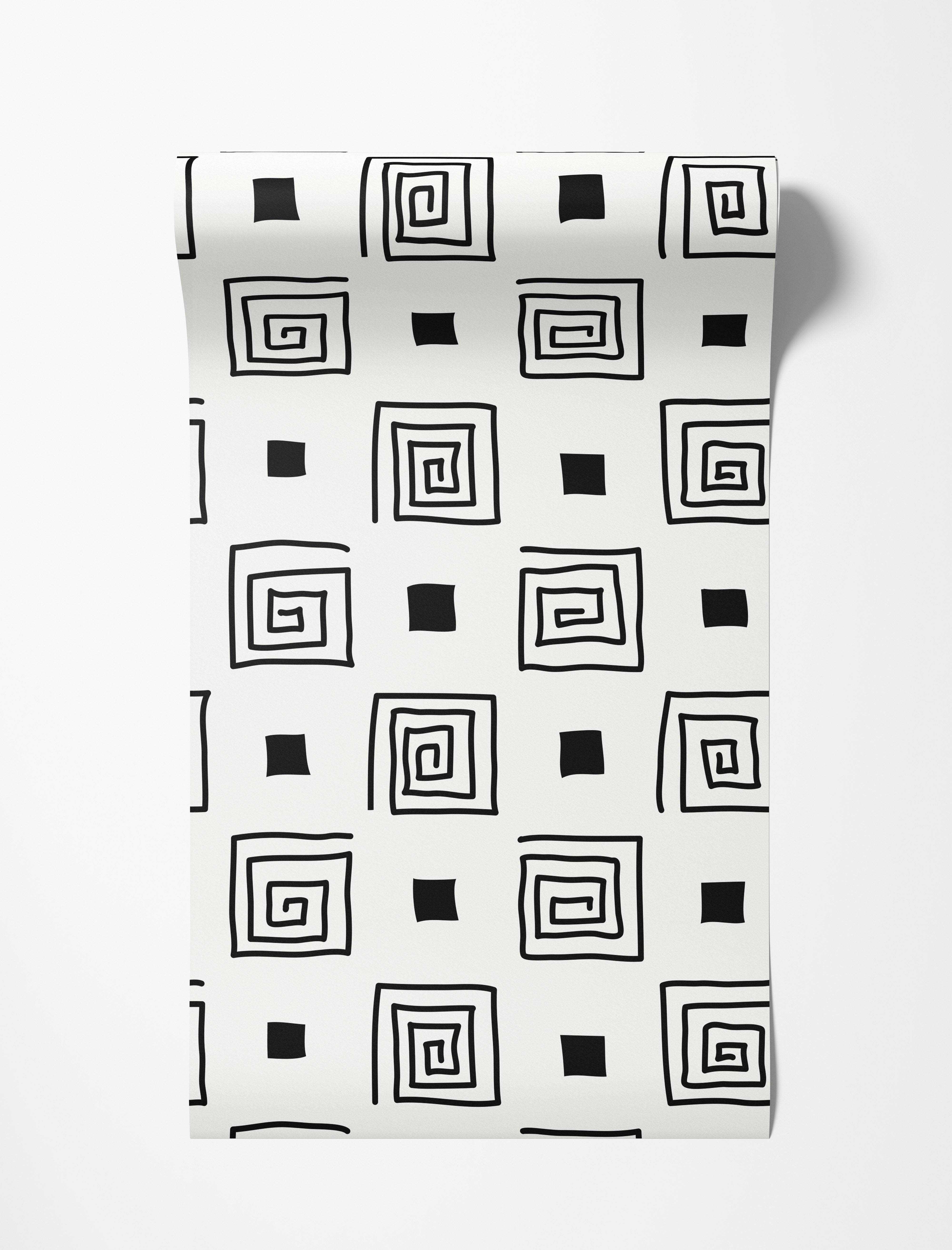 Geometric wallpaper with hand-drawn black square spirals and solid black squares on a white background.