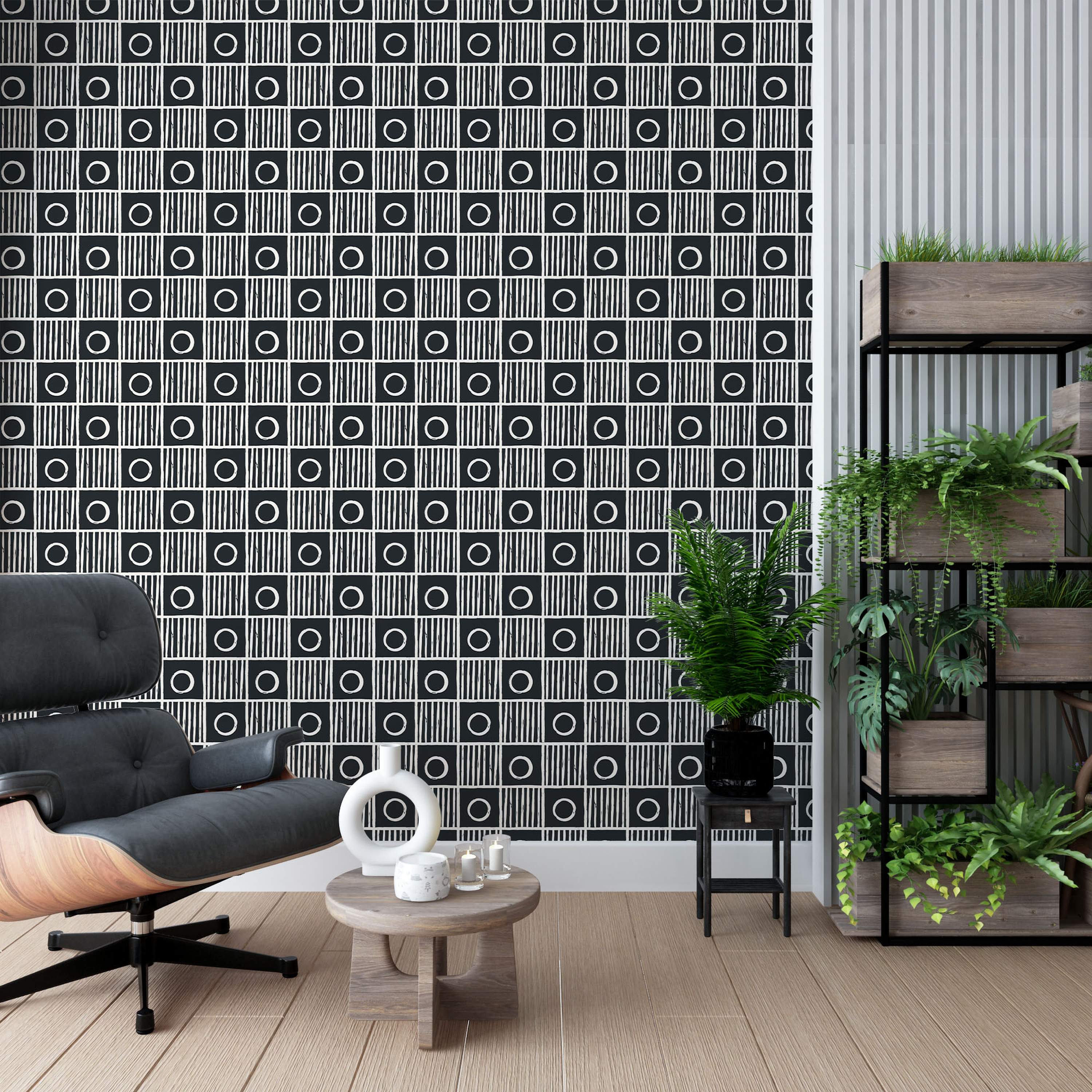 Black and white wallpaper displaying a geometric grid of squares, alternating between white circles and white stripes.