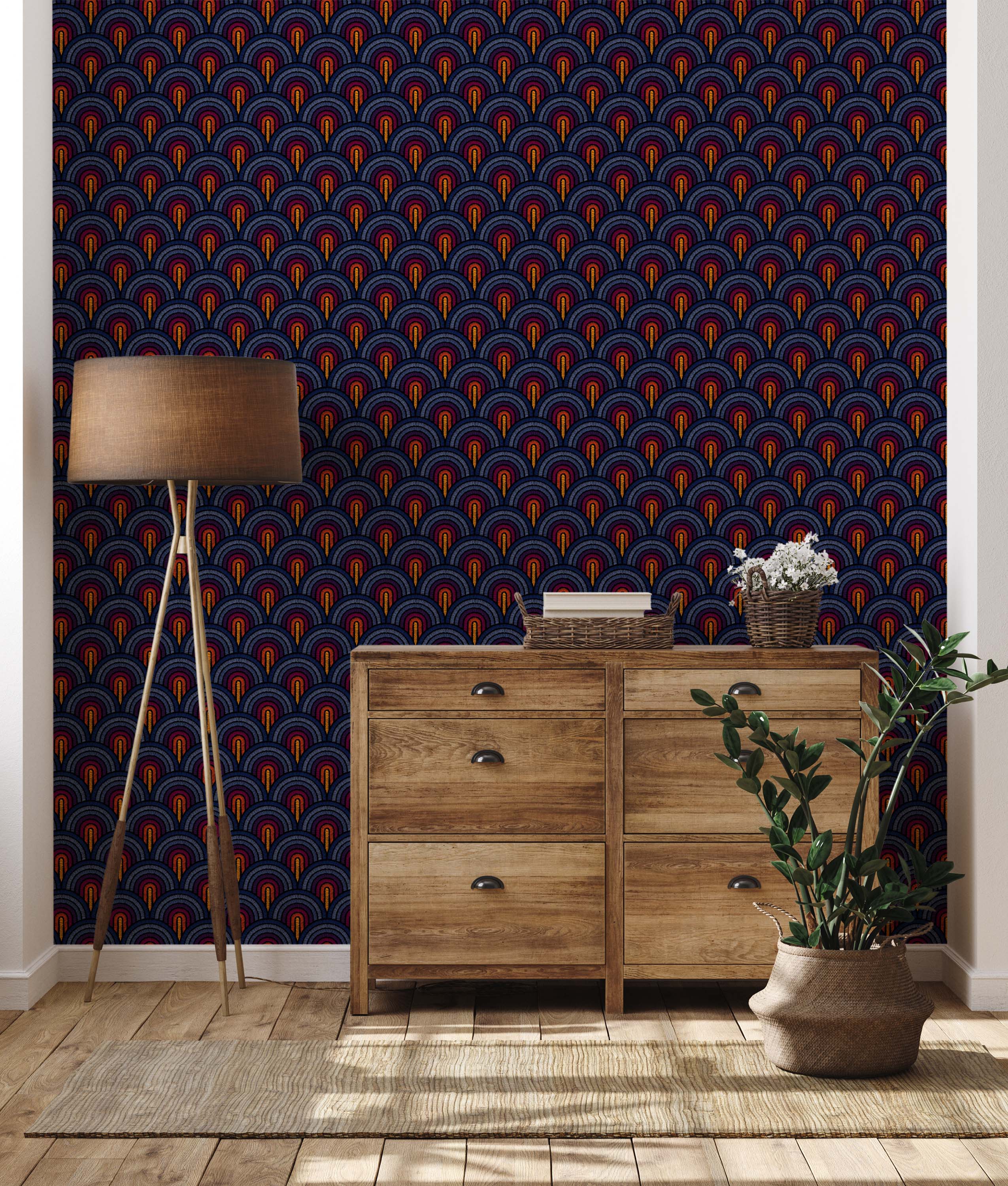 Wallpaper featuring a repeating pattern of embroidered, stacked arches in red, orange, and yellow, on a dark navy blue background.