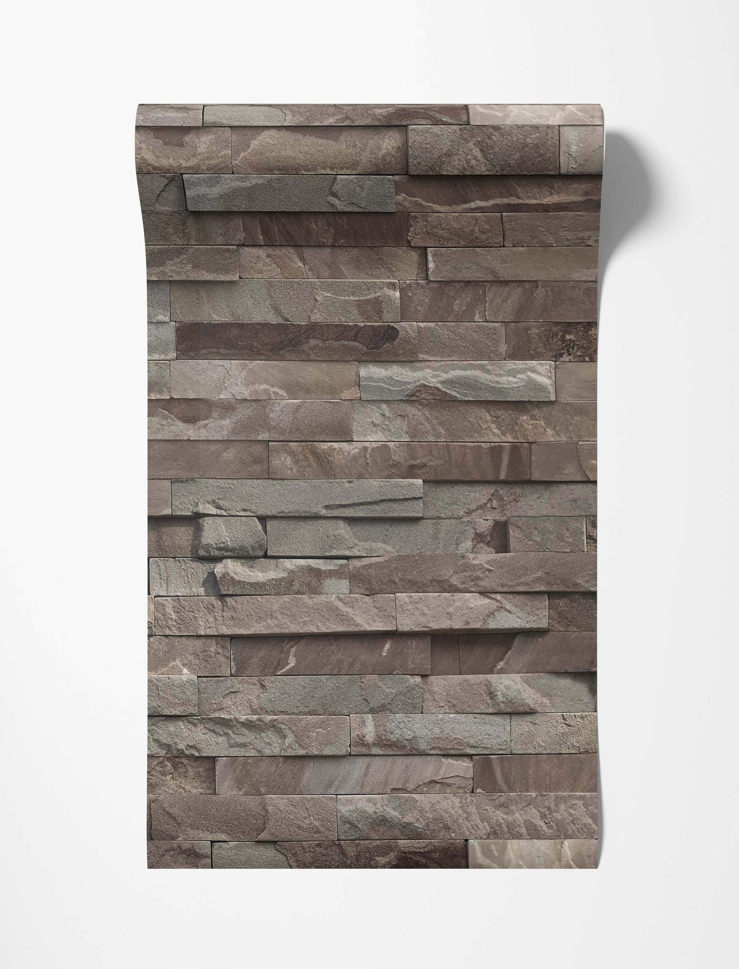 Wallpaper featuring a realistic stacked stone pattern with textured rectangular stones in brown, gray, and beige tones.