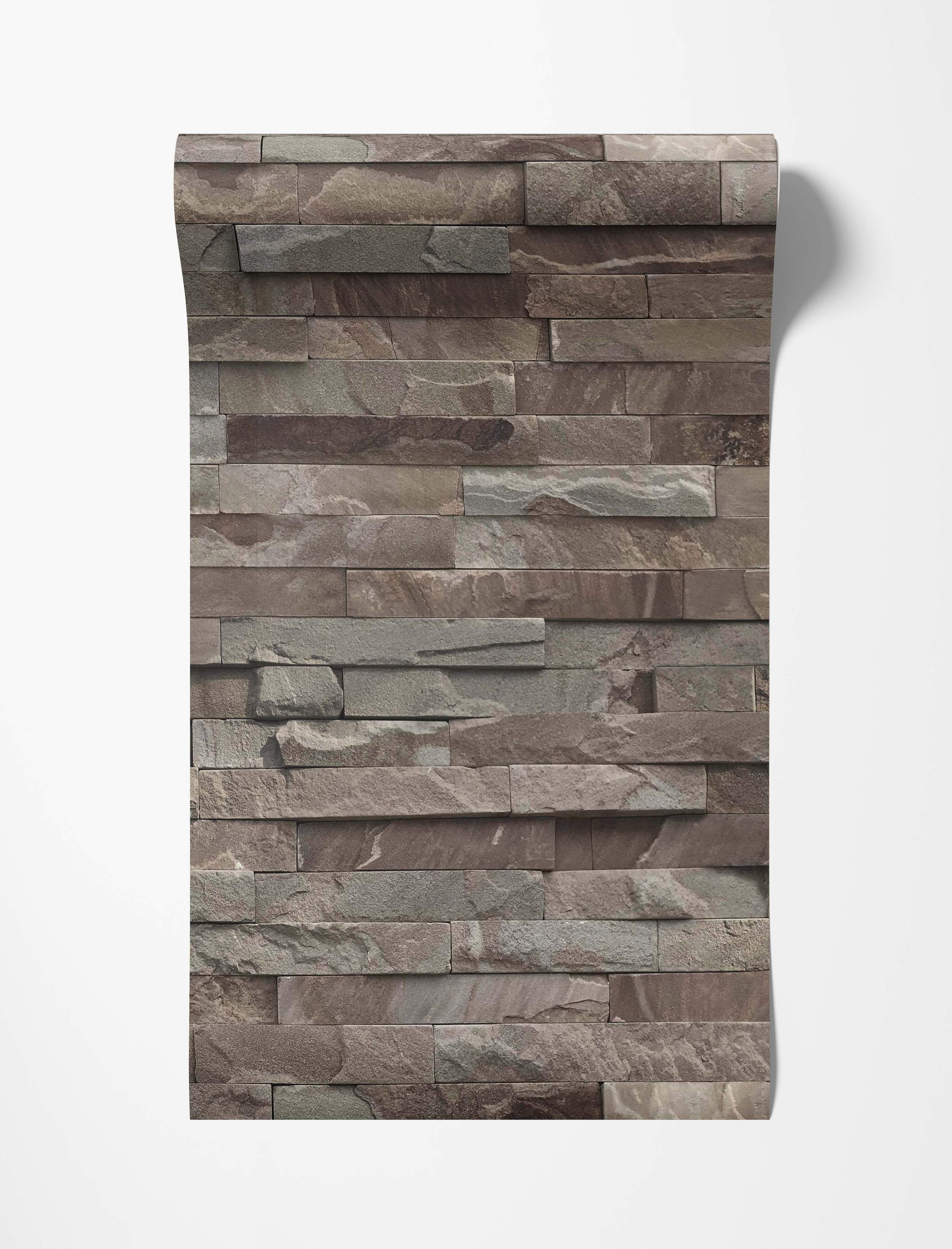 Wallpaper featuring a realistic stacked stone pattern with textured rectangular stones in brown, gray, and beige tones.