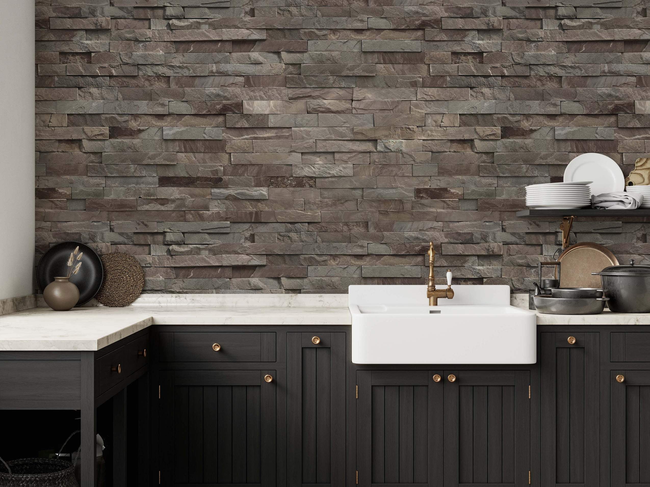 Wallpaper featuring a realistic stacked stone pattern with horizontal rows of textured brown and gray stones.