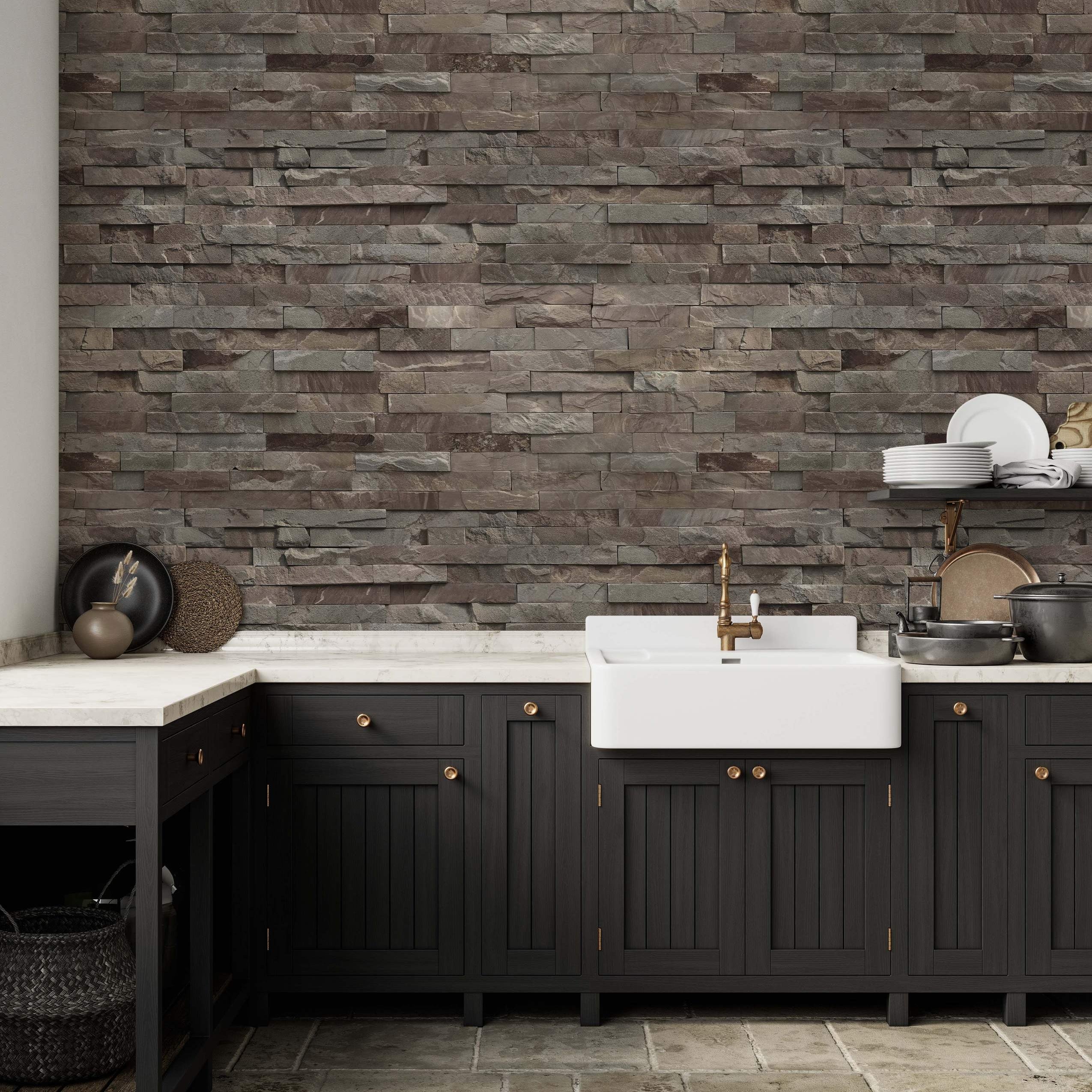 Wallpaper featuring a realistic stacked stone pattern with horizontal rows of textured brown and gray stones.