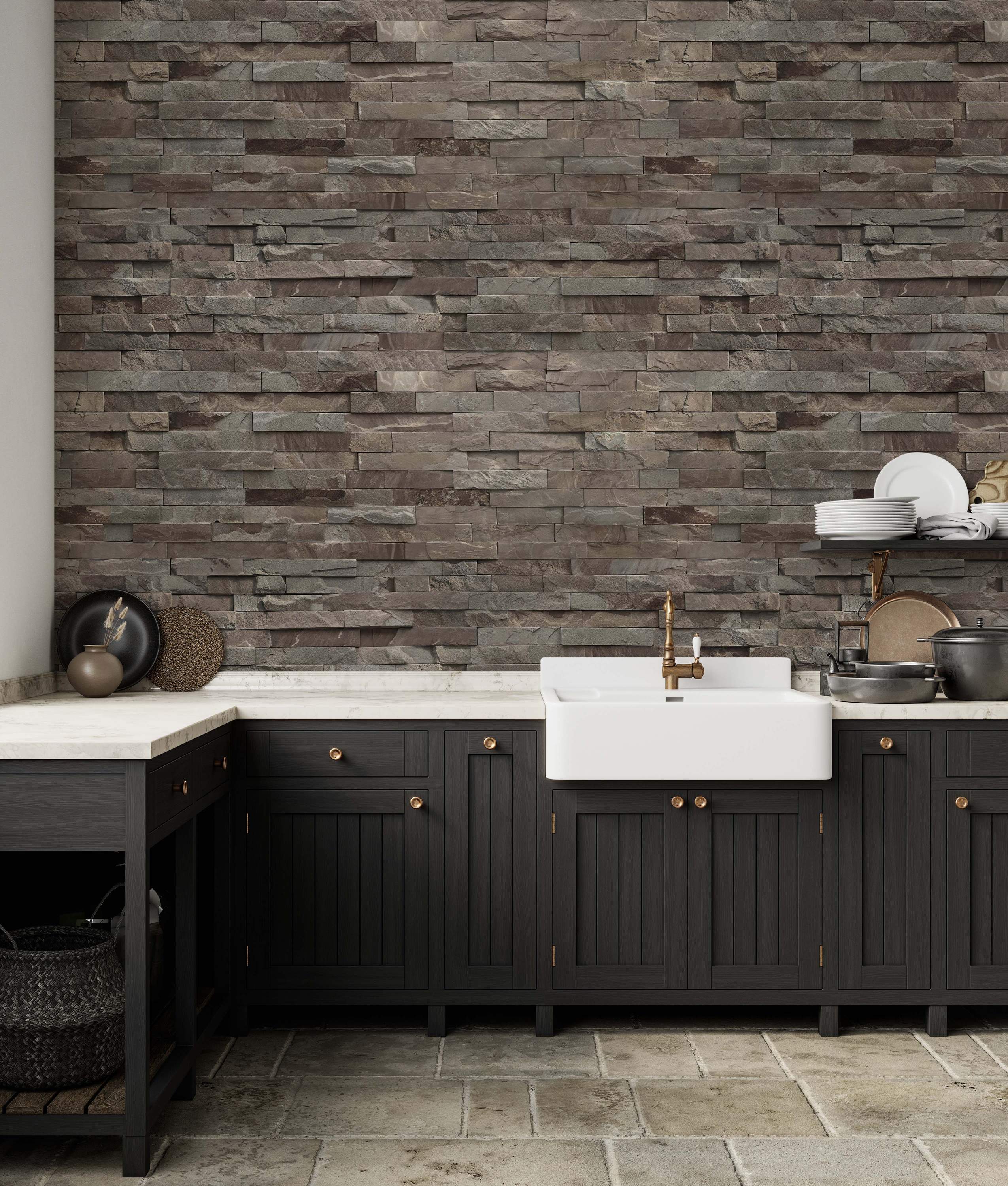 Wallpaper featuring a realistic stacked stone pattern with horizontal rows of textured brown and gray stones.