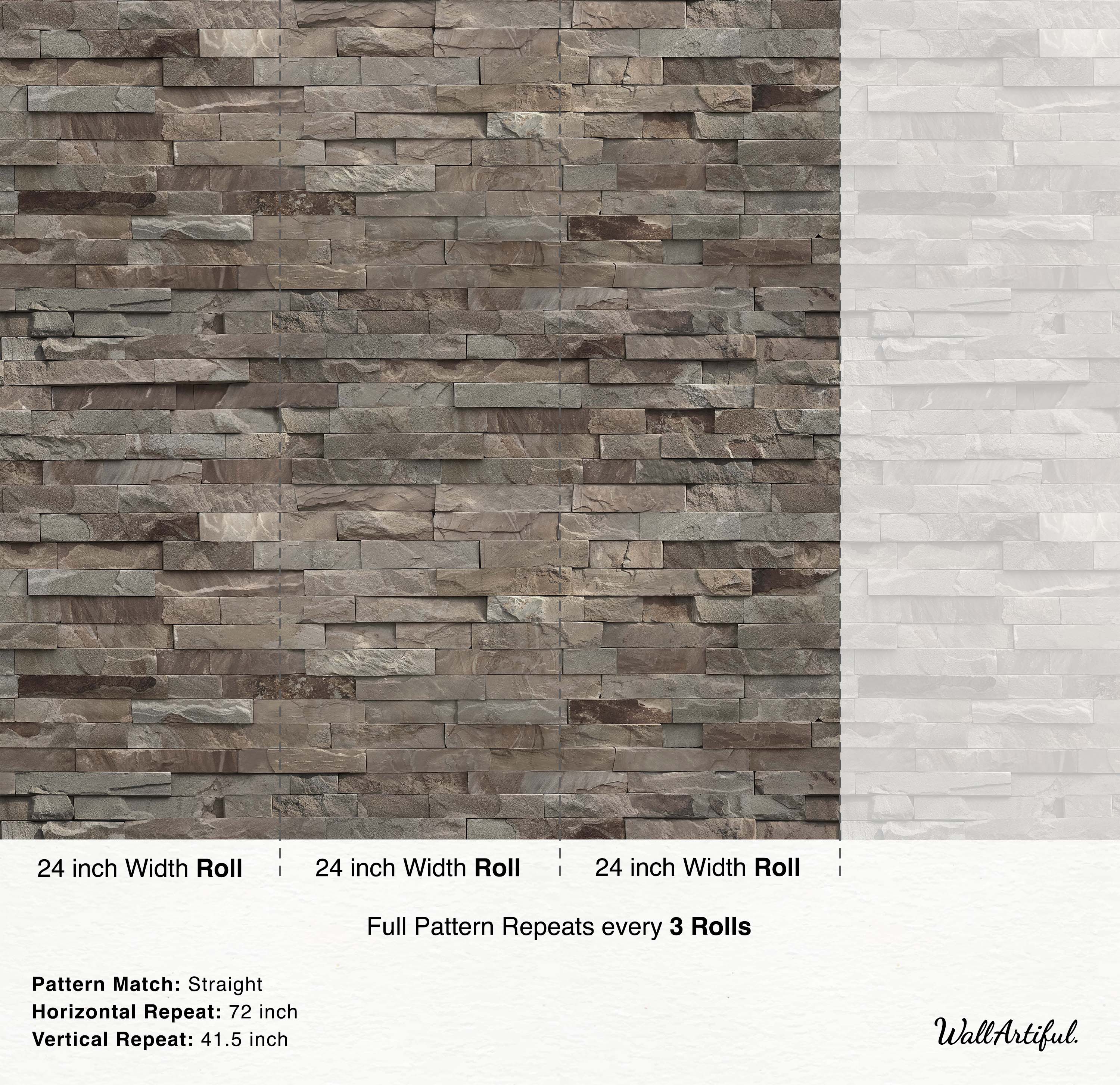 Stacked ledger stone wallpaper with textured rectangular stones in shades of brown, beige, and gray.