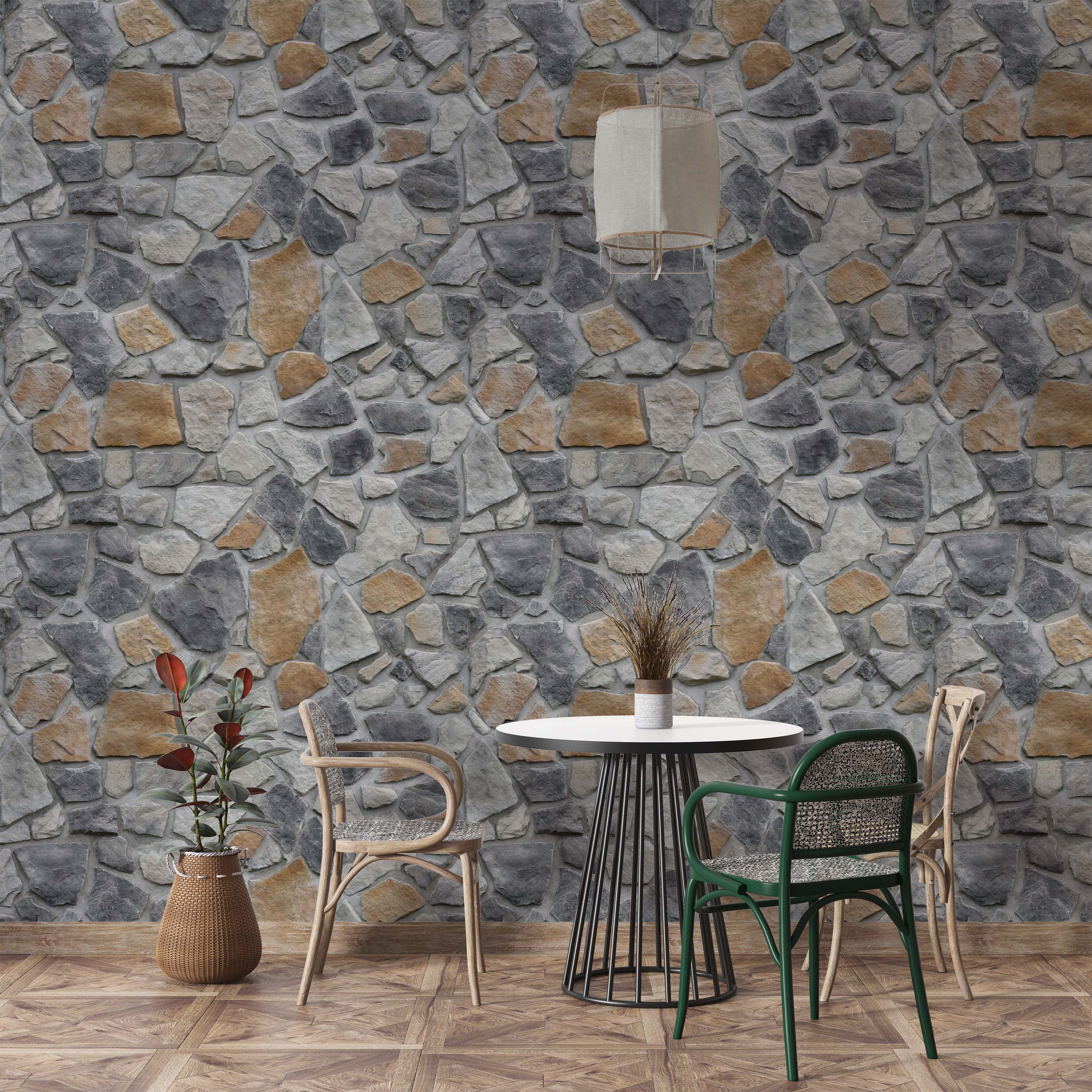 Wallpaper featuring a realistic stacked stone pattern with irregular stones in varying shades of grey, tan, and dark grey.
