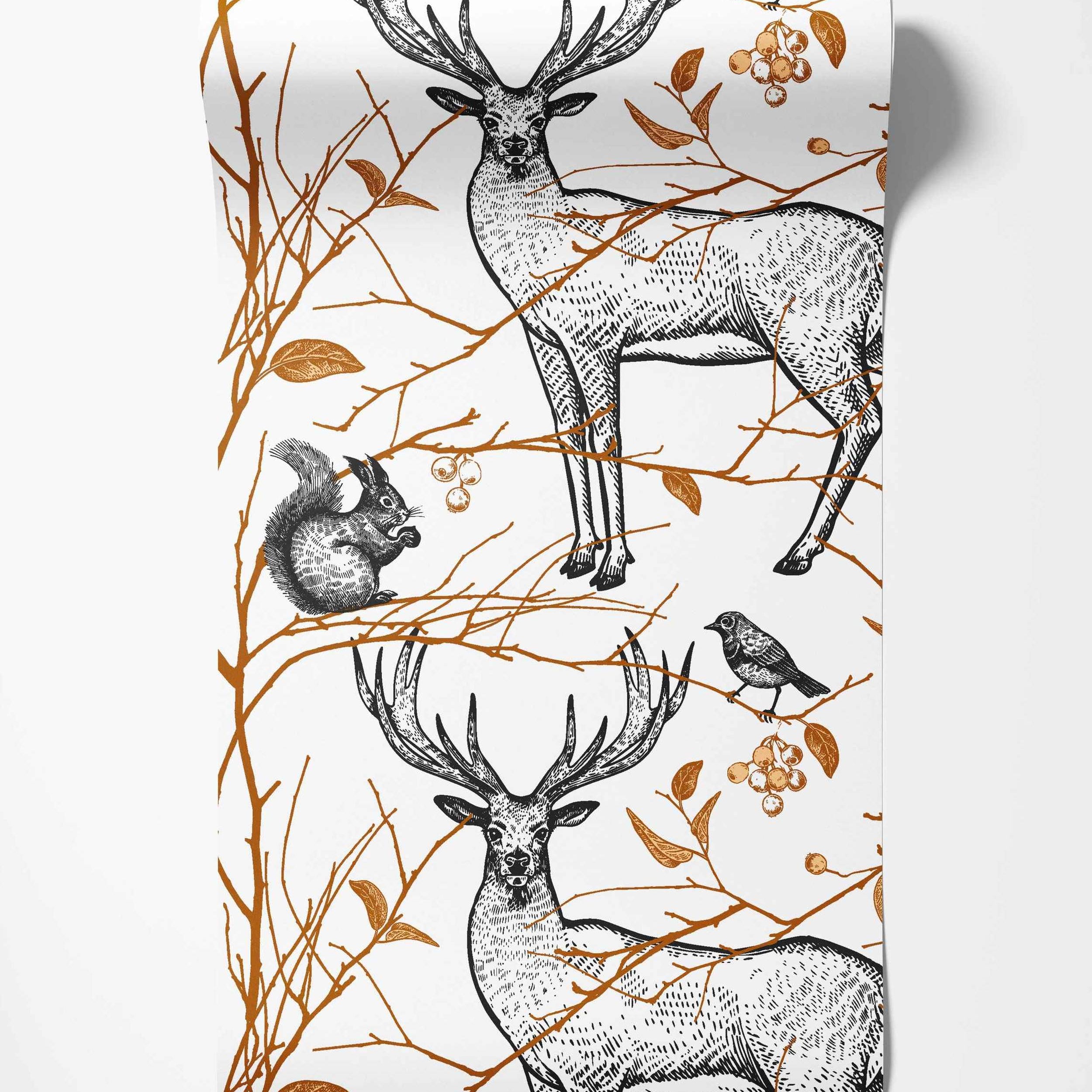 Illustrated wallpaper with black sketch-style stags, squirrels, and birds on golden-brown branches against a white background.