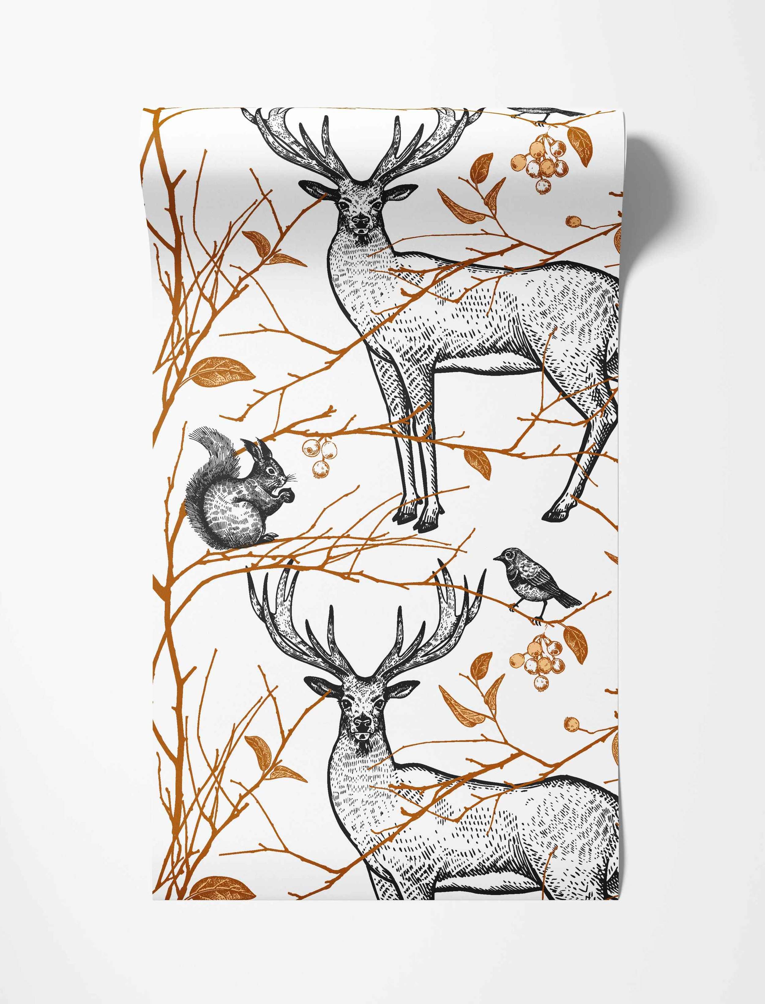 Illustrated wallpaper with black sketch-style stags, squirrels, and birds on golden-brown branches against a white background.