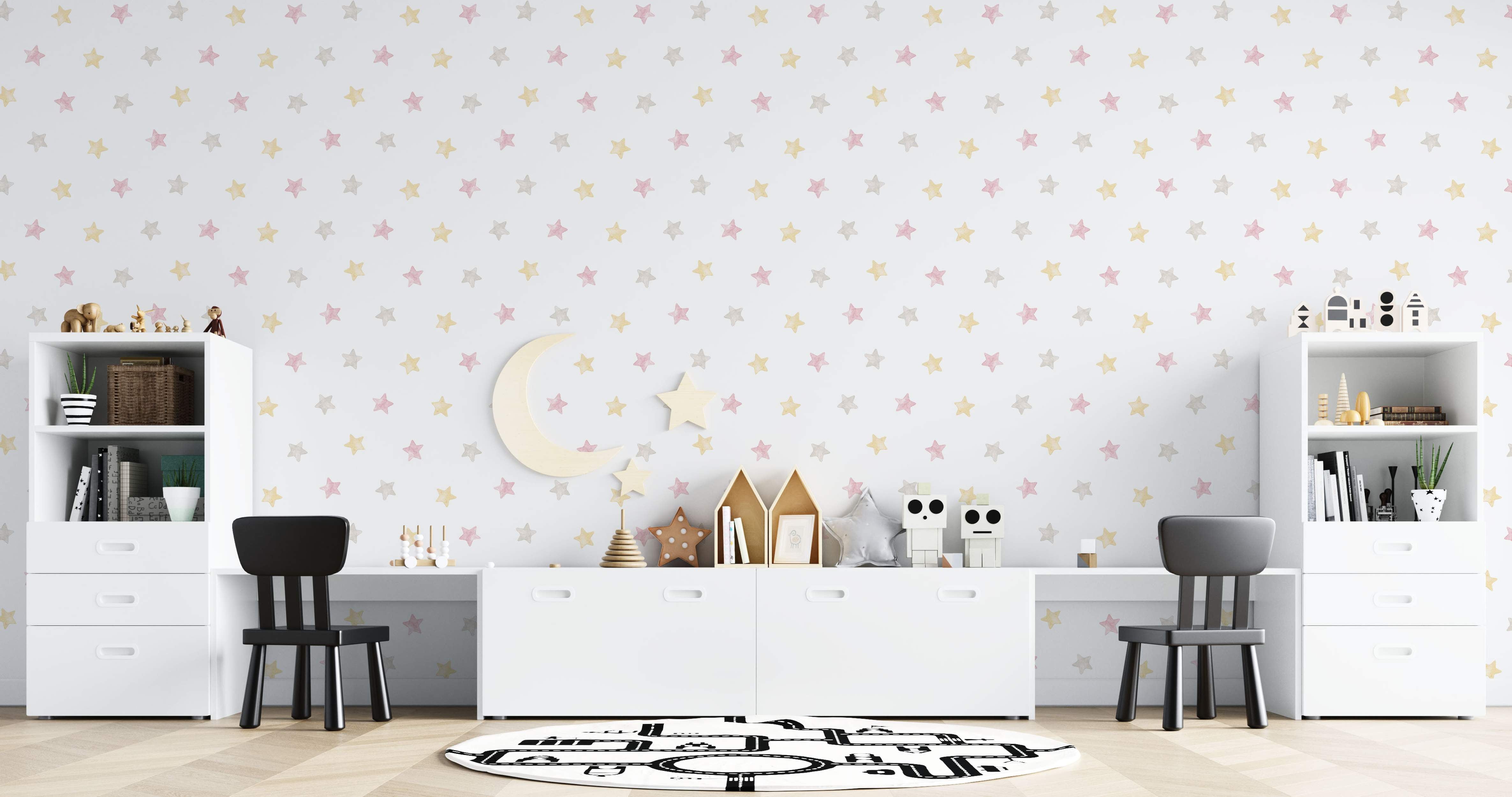 Wallpaper featuring a repeating grid pattern of small watercolor stars in pastel pink, yellow, and gray on a white field.