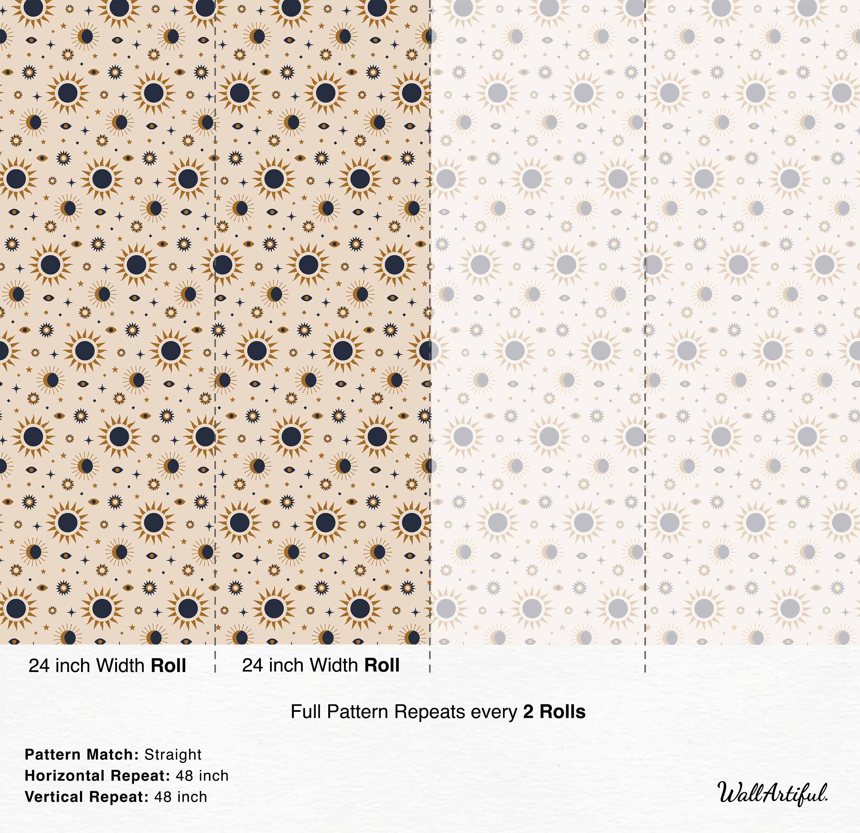 Beige and blue geometric star and sun pattern wallpaper.