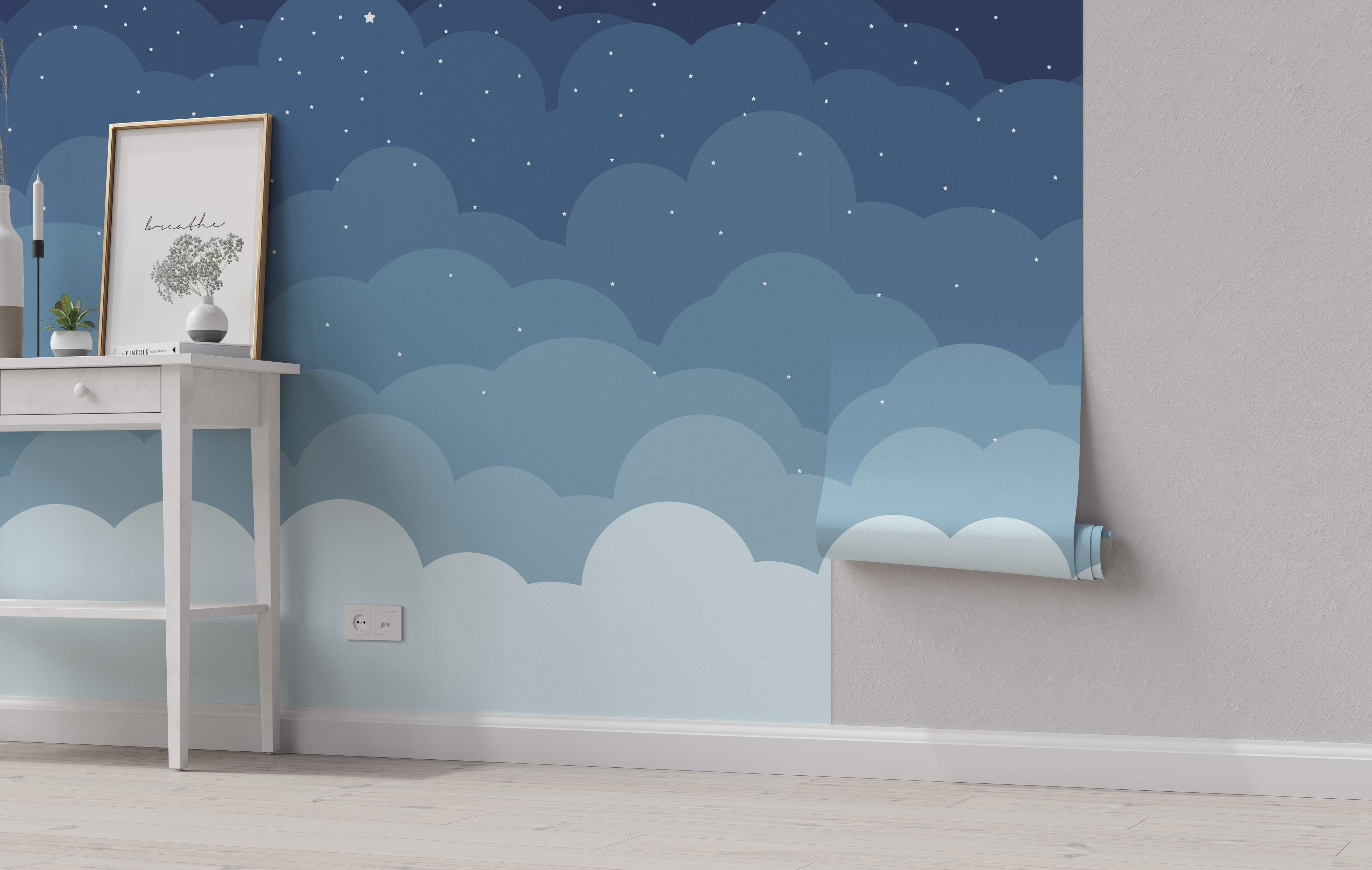 Blue gradient mural with starry clouds design