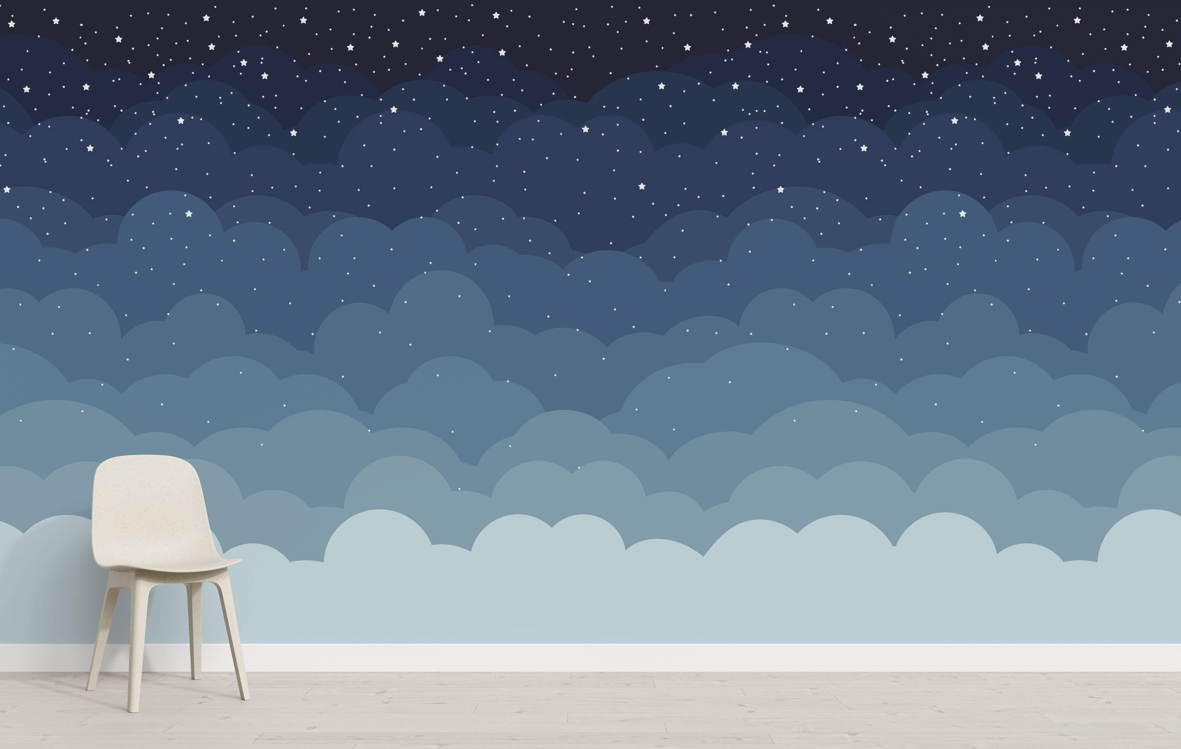 Gradient night sky mural with layered clouds and stars.