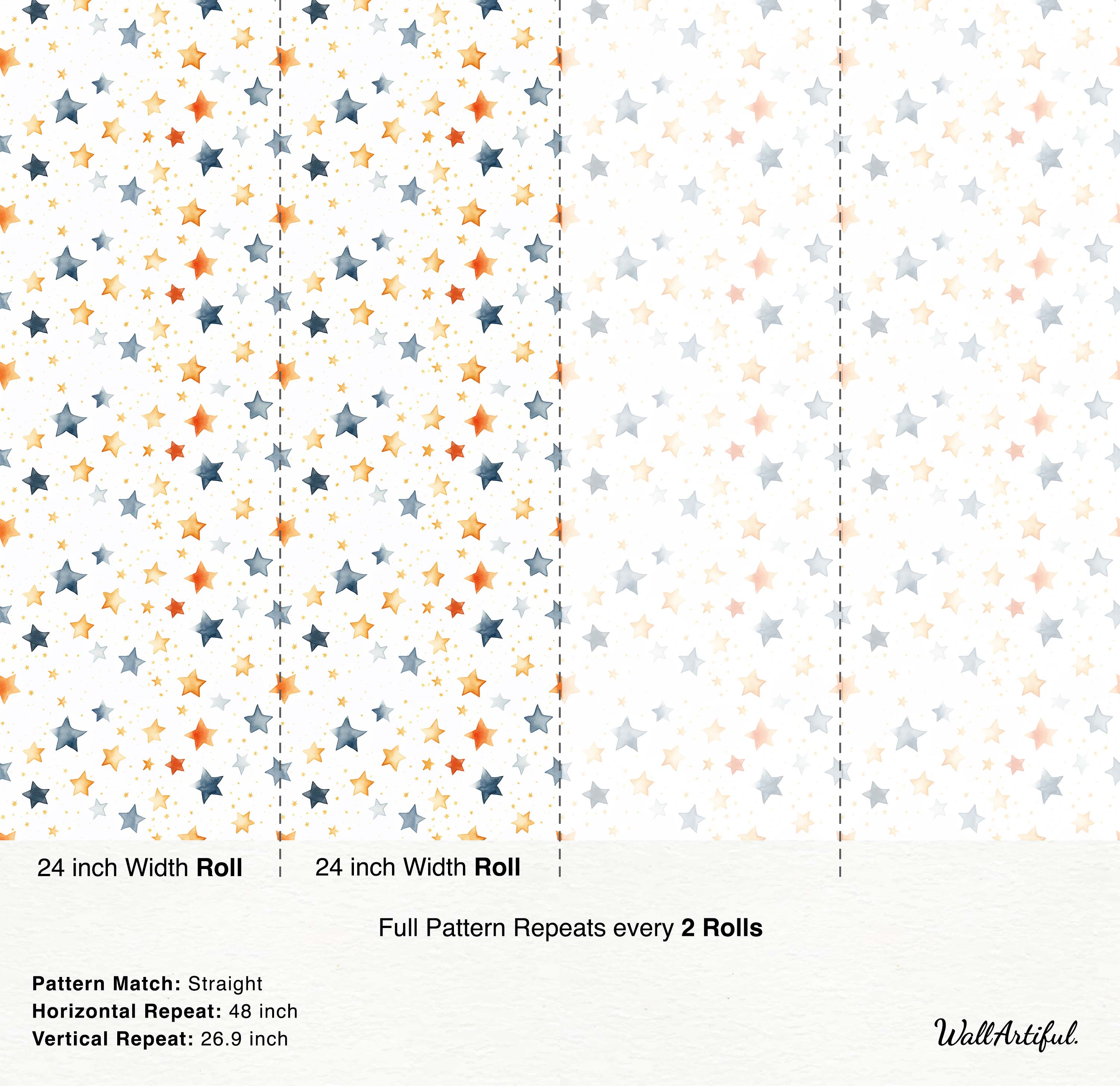 Wallpaper features scattered blue, orange, and yellow watercolor stars of various sizes on a white background.