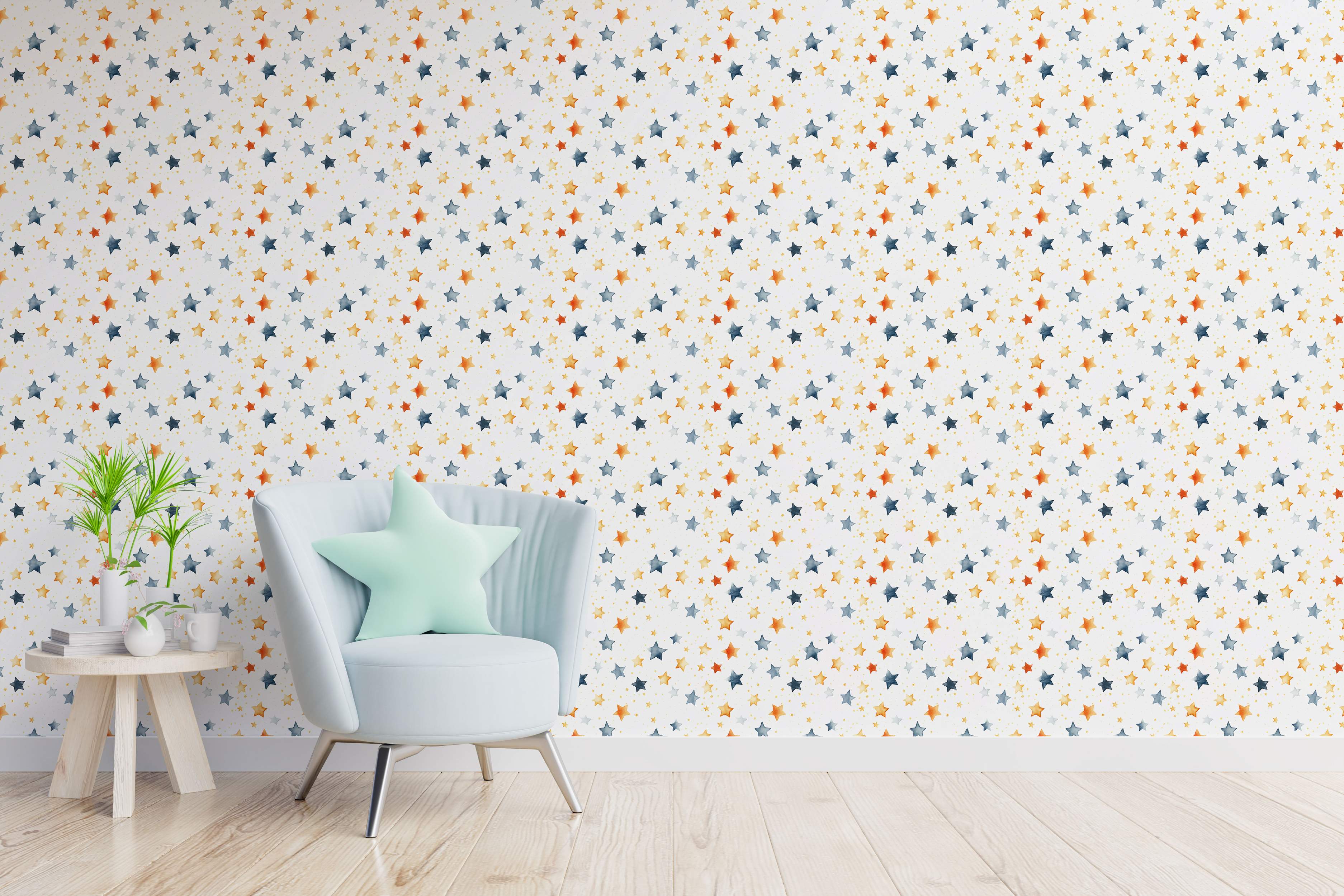 Wallpaper with scattered watercolor stars in blue, orange, and yellow shades on a white background.