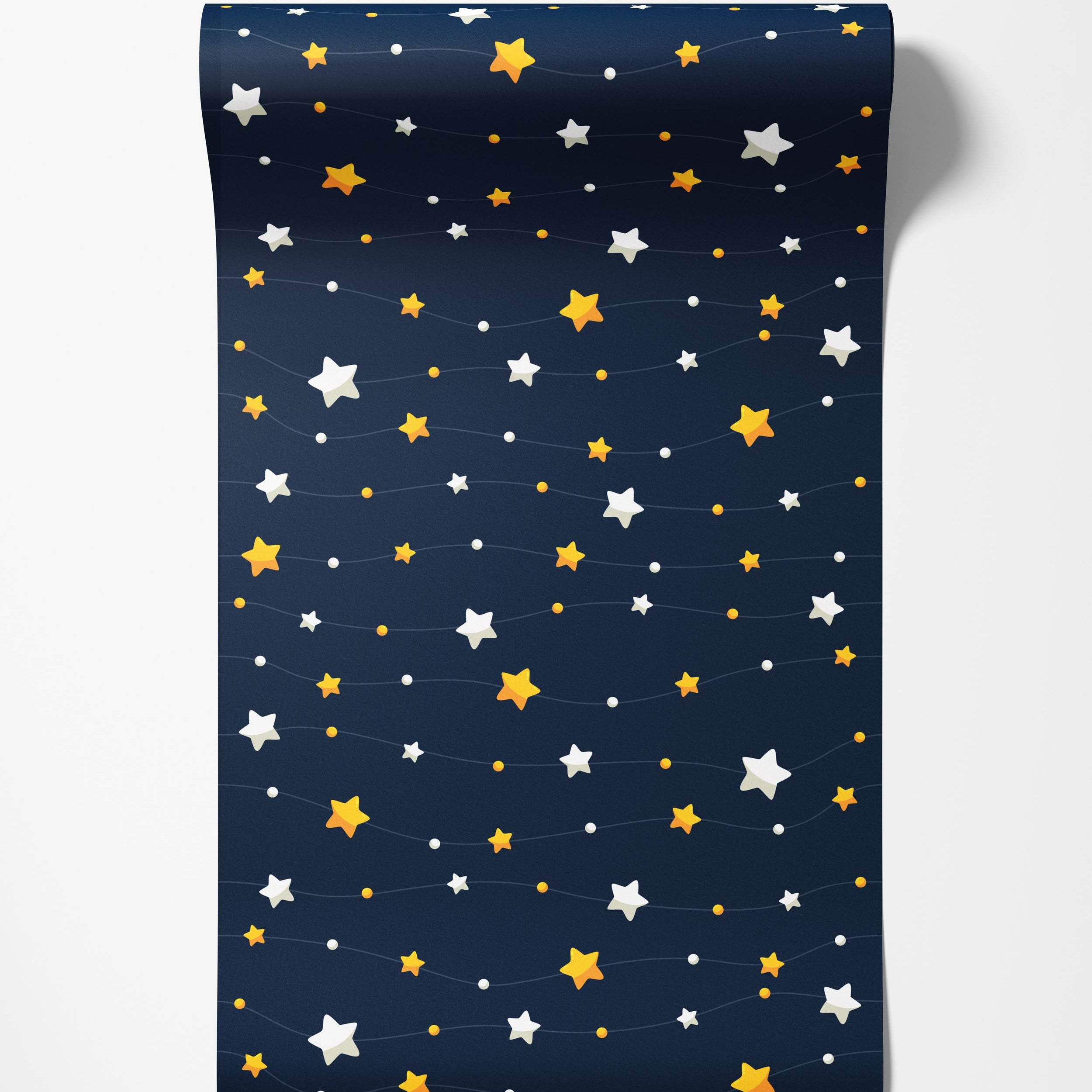 Dark blue wallpaper with a repeating pattern of yellow and white stars and dots connected by thin wavy lines.