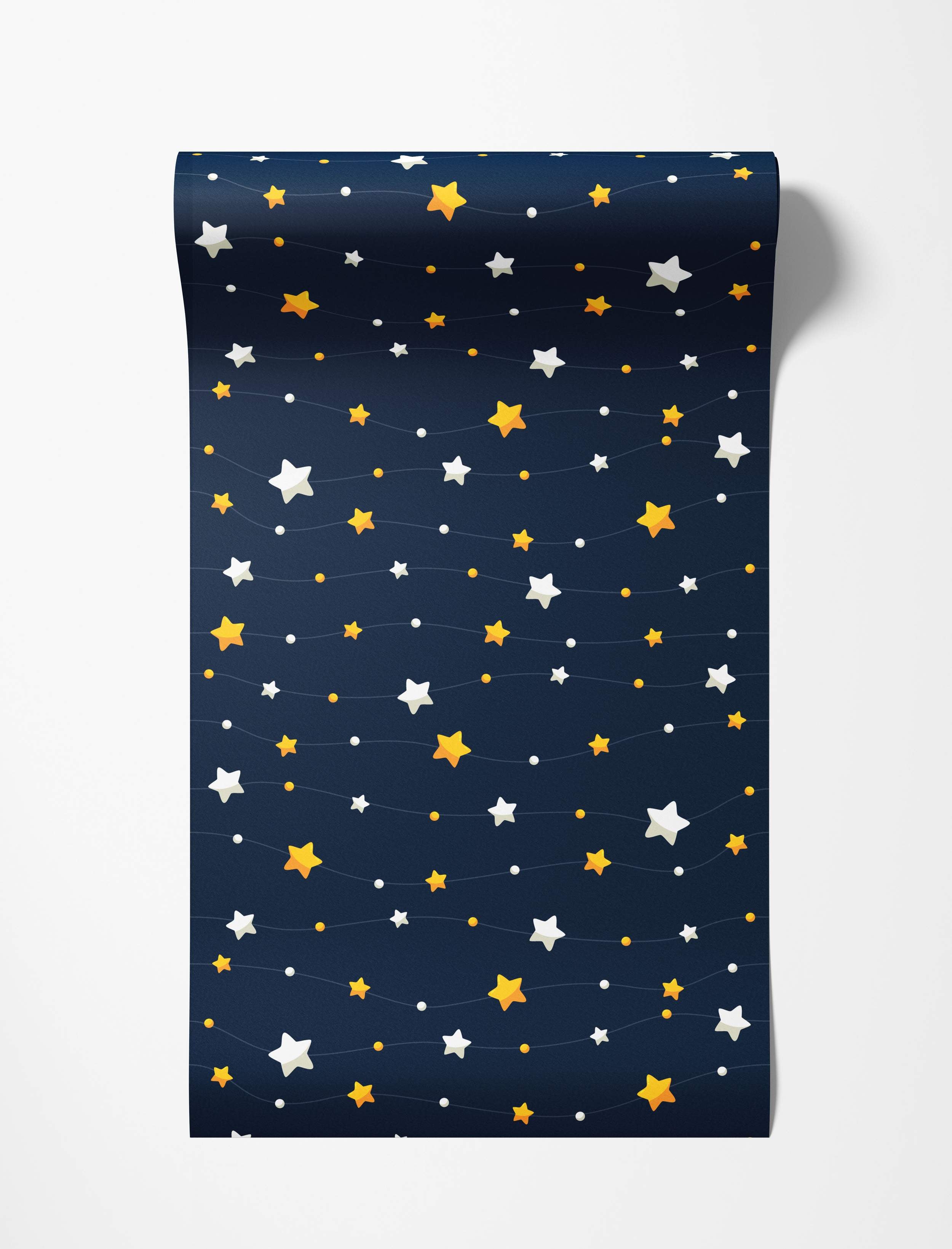 Dark blue wallpaper with a repeating pattern of yellow and white stars and dots connected by thin wavy lines.