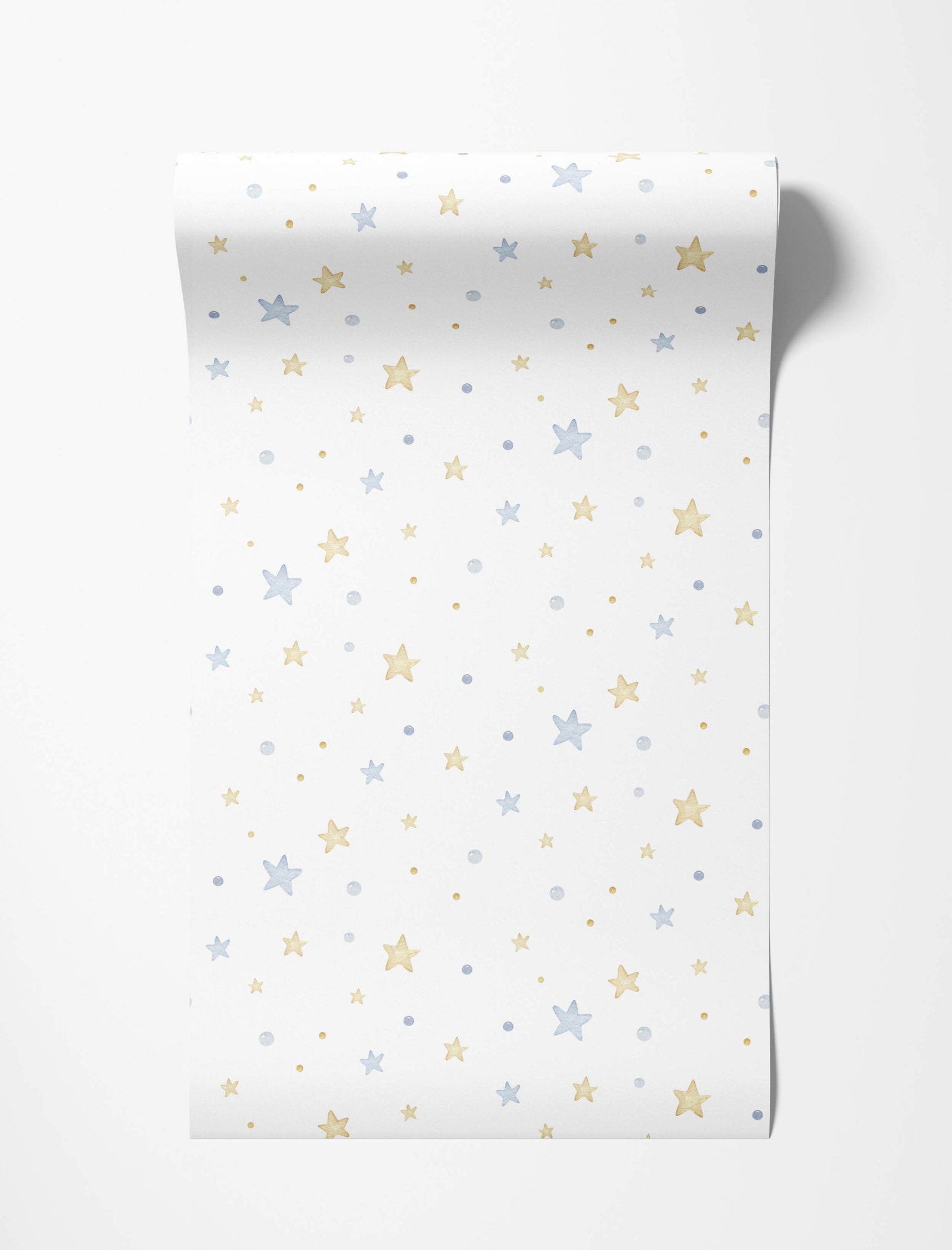 Wallpaper featuring a scattered pattern of pale yellow and light blue watercolor stars and dots on a white background.