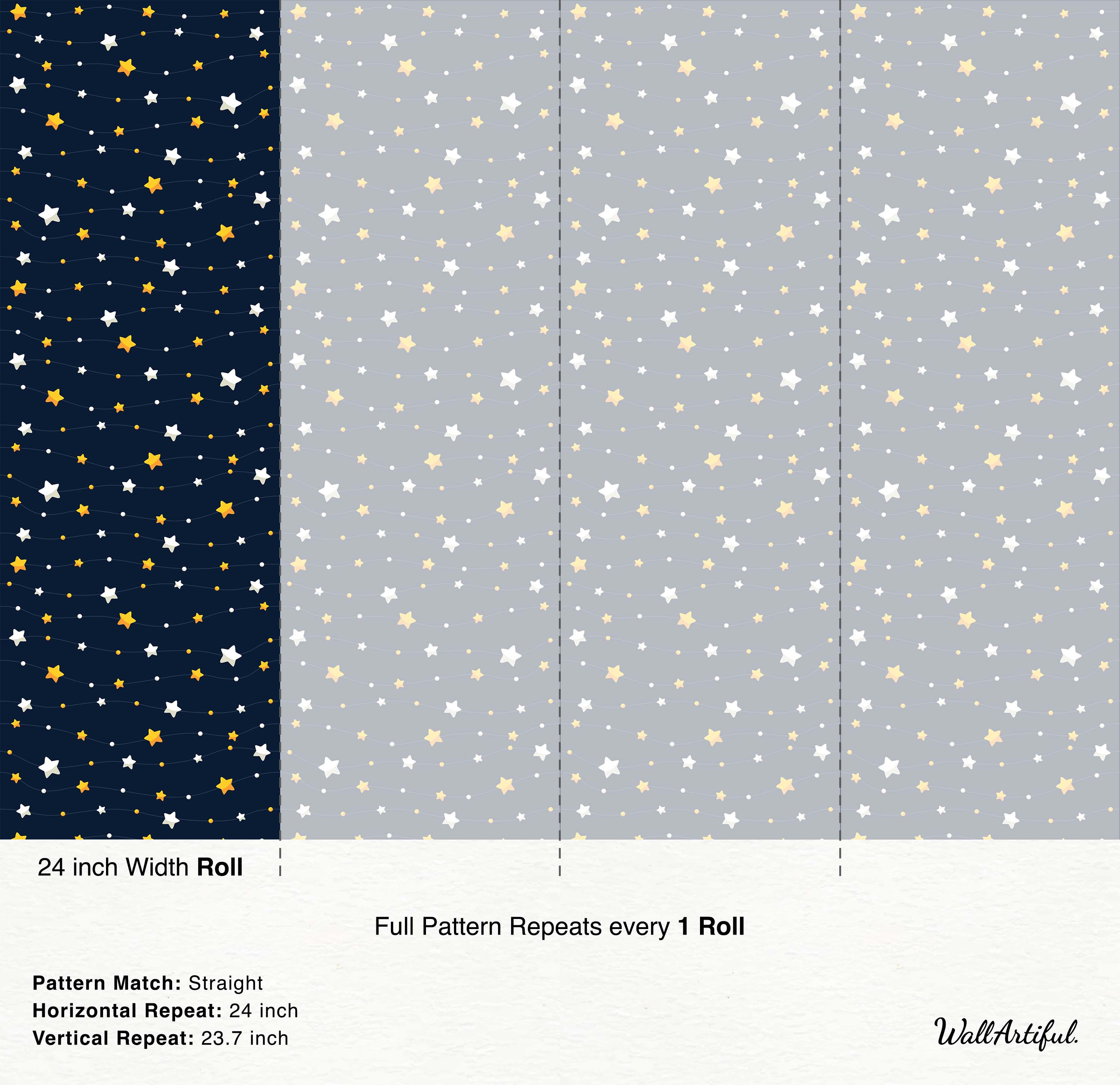 Star garland wallpaper with white and yellow stars and dots on wavy lines against navy blue and light gray.