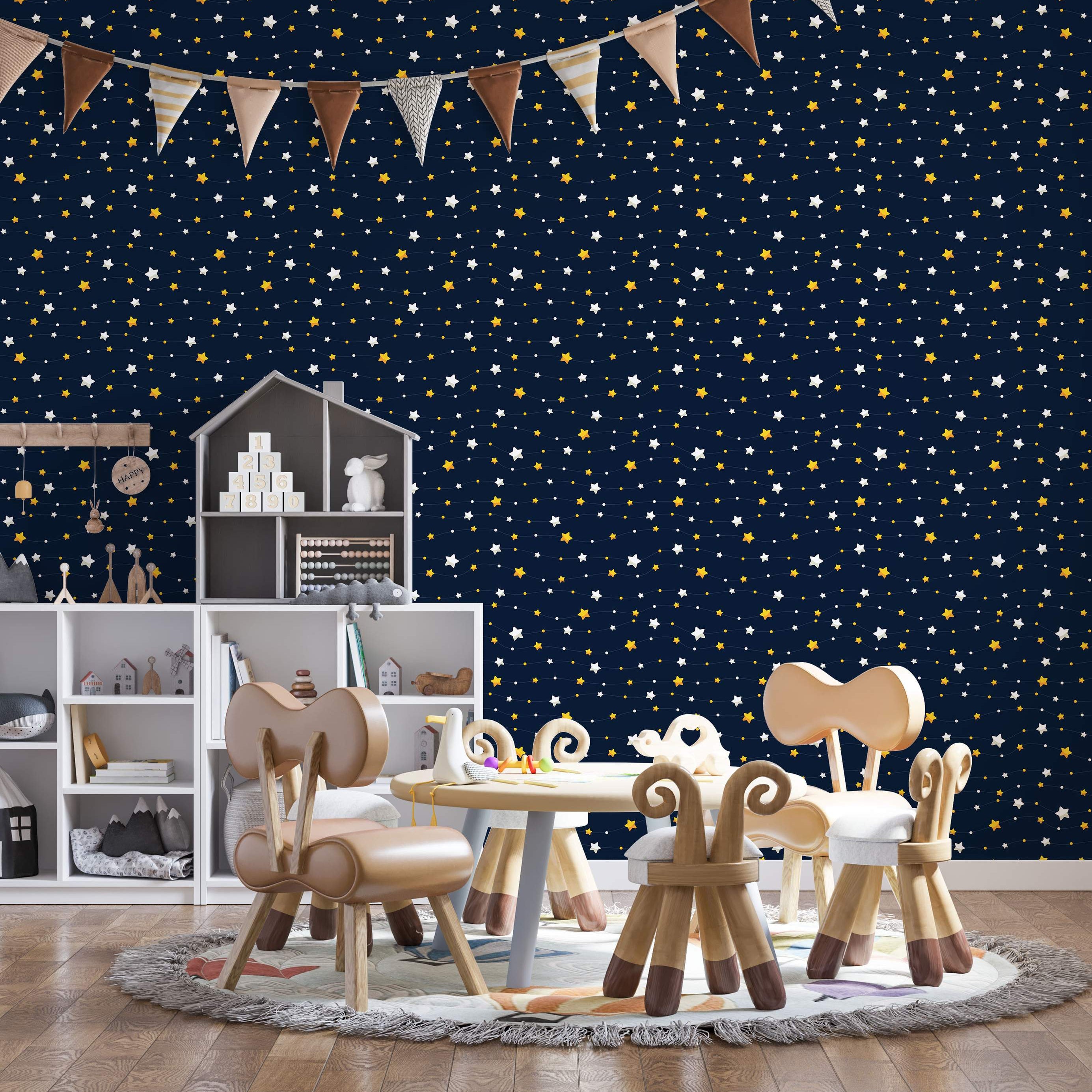 Wallpaper featuring wavy lines of yellow and white stars with small white dots scattered across a dark navy blue background.