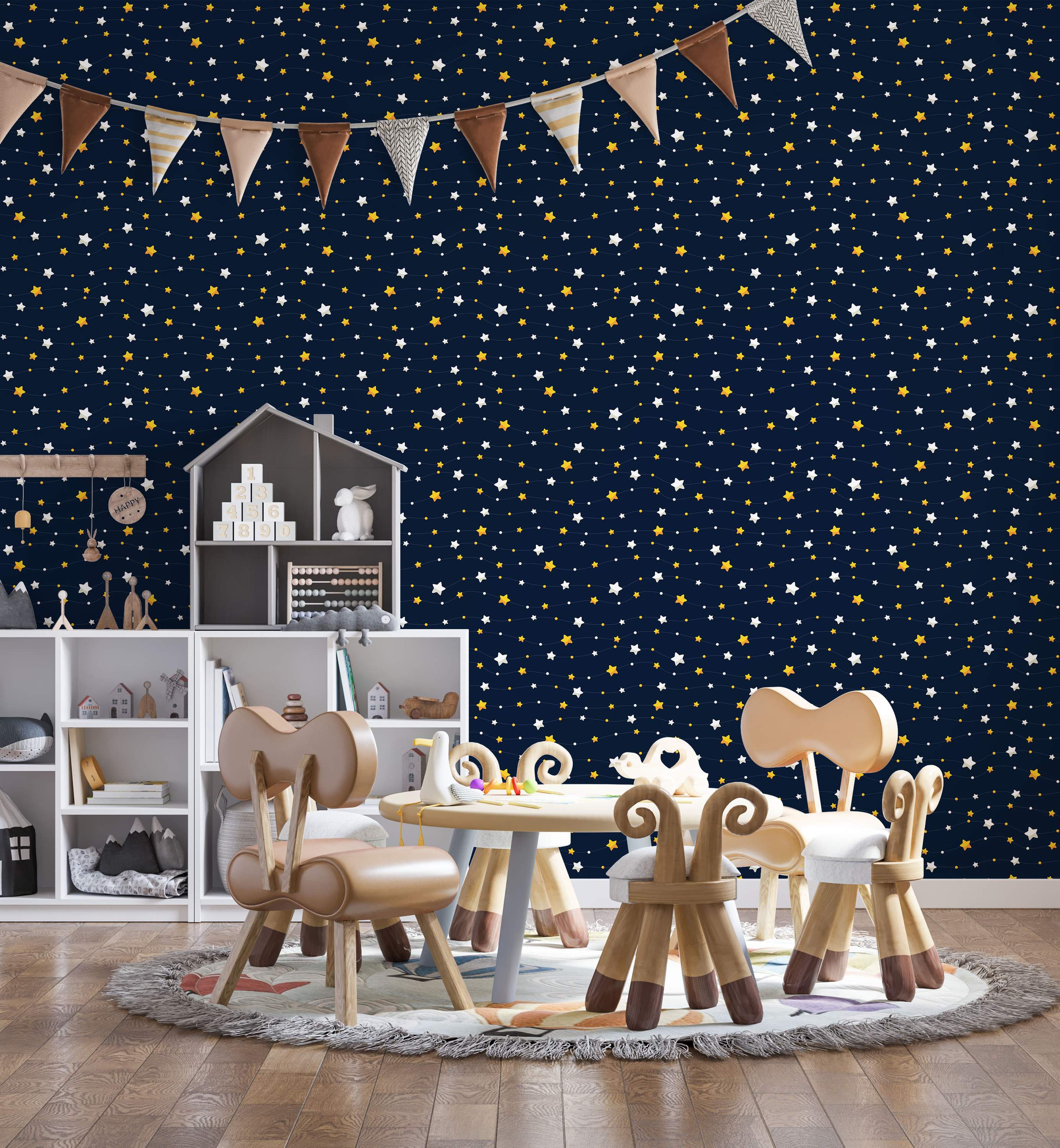 Wallpaper featuring wavy lines of yellow and white stars with small white dots scattered across a dark navy blue background.