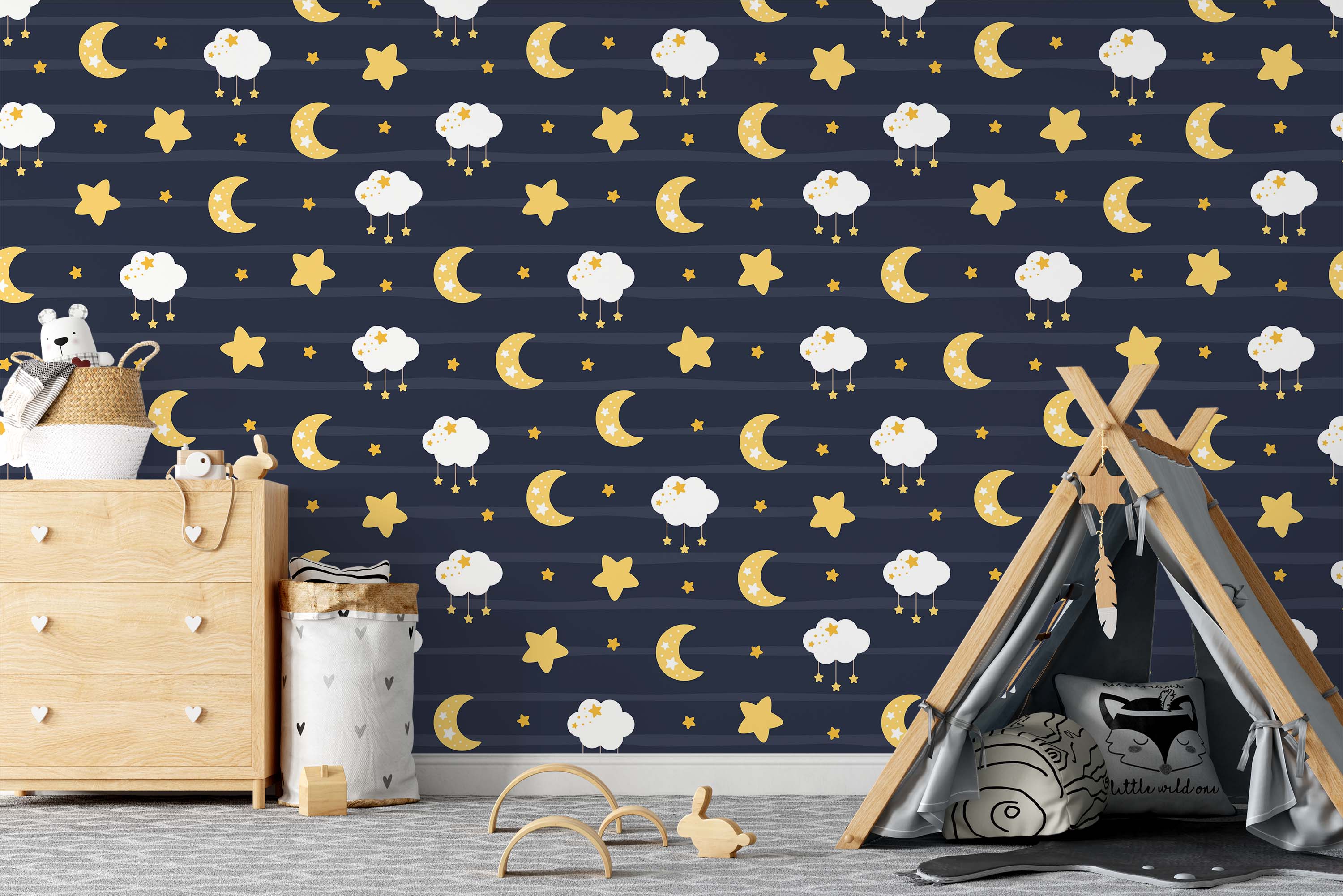 Celestial wallpaper featuring yellow moons, stars, and white clouds with hanging stars, over a navy blue horizontally striped background.