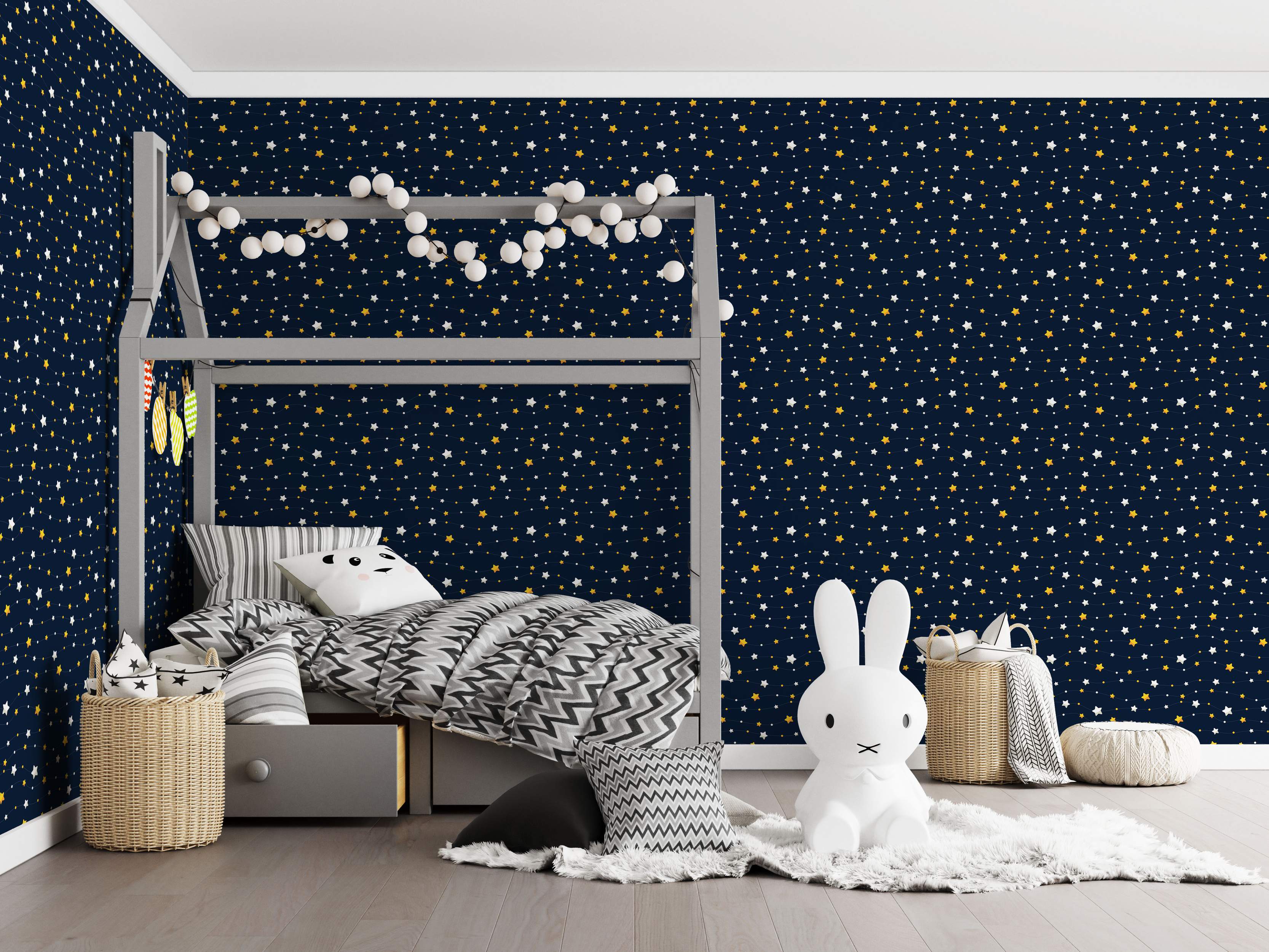 Celestial wallpaper with white and yellow stars connected by wavy lines on a dark navy blue background.