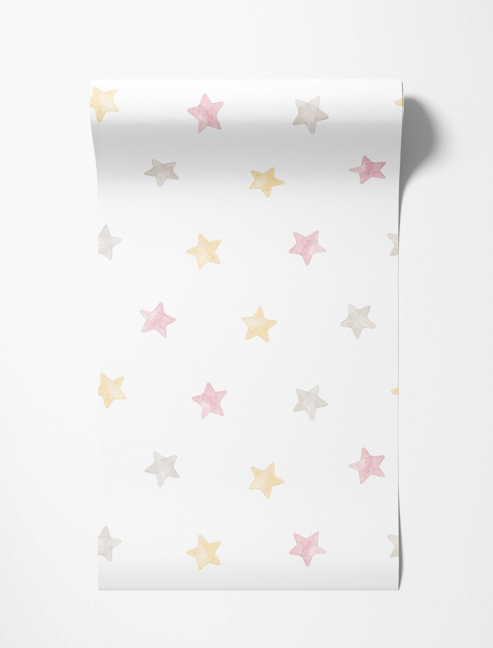 Wallpaper featuring a scattered pattern of pastel watercolor stars in pink, yellow, and gray on a white background.