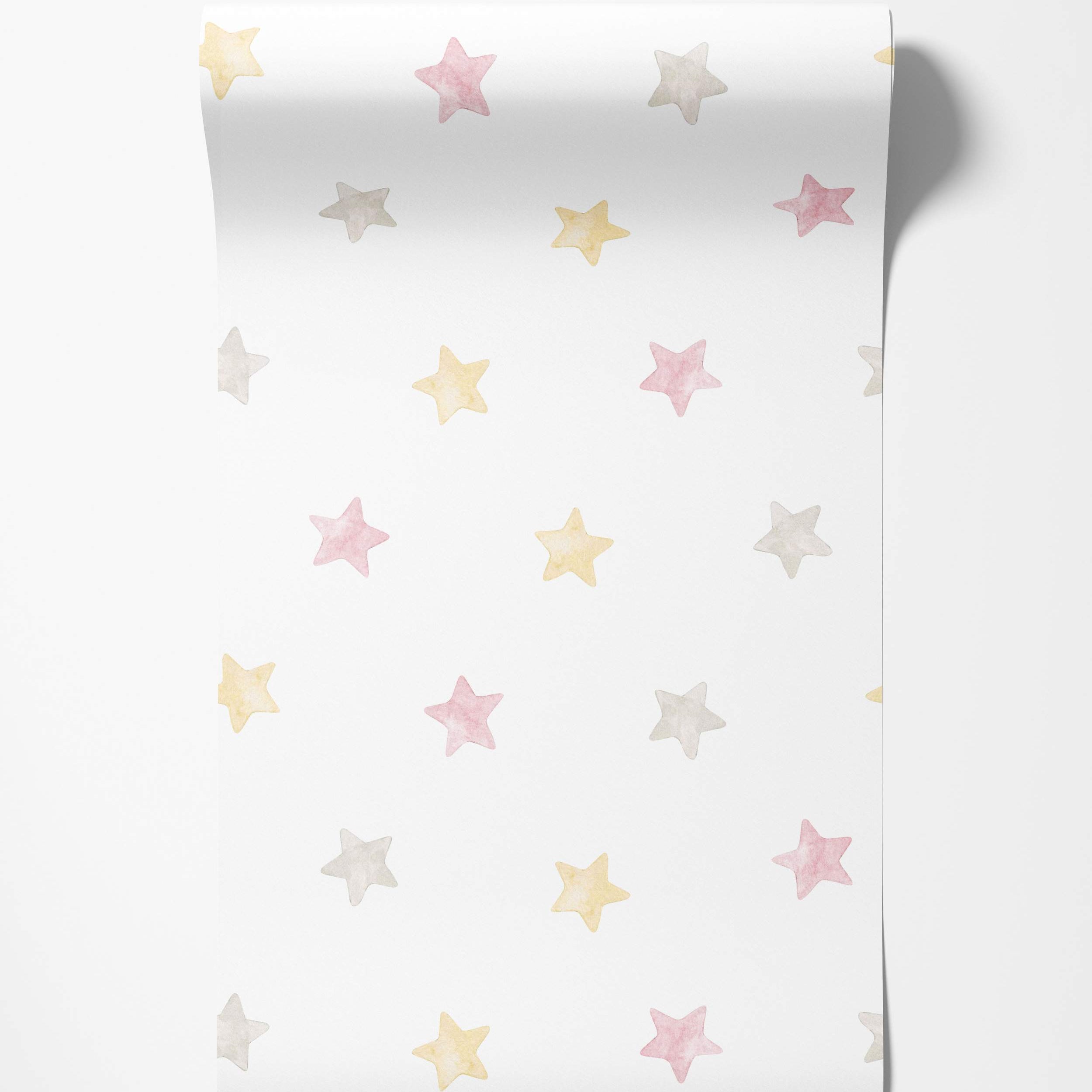 Wallpaper featuring a scattered pattern of pastel watercolor stars in pink, yellow, and gray on a white background.