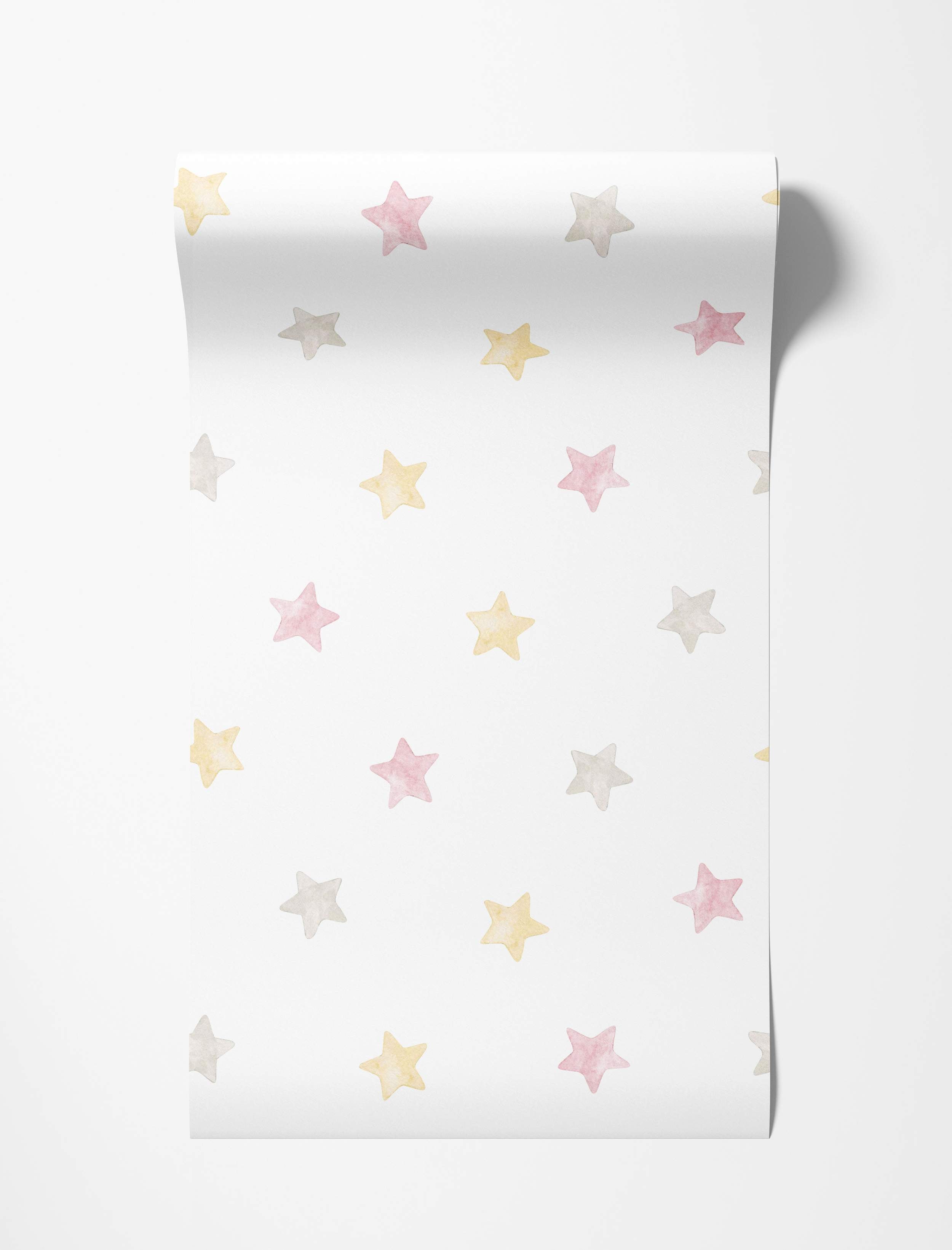 Wallpaper featuring a scattered pattern of pastel watercolor stars in pink, yellow, and gray on a white background.