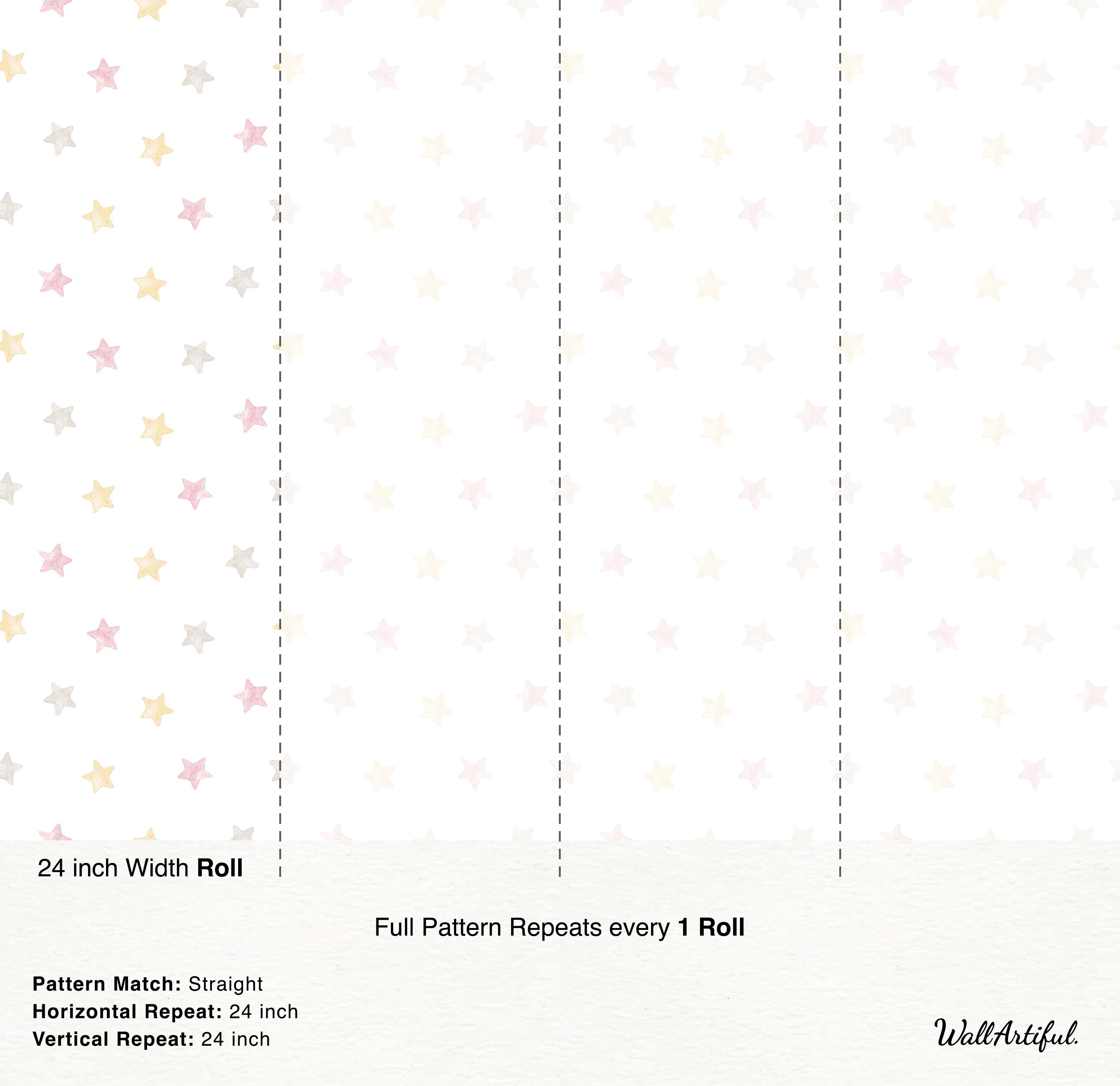 Scattered watercolor stars in pink, yellow, and gray on a white background wallpaper.