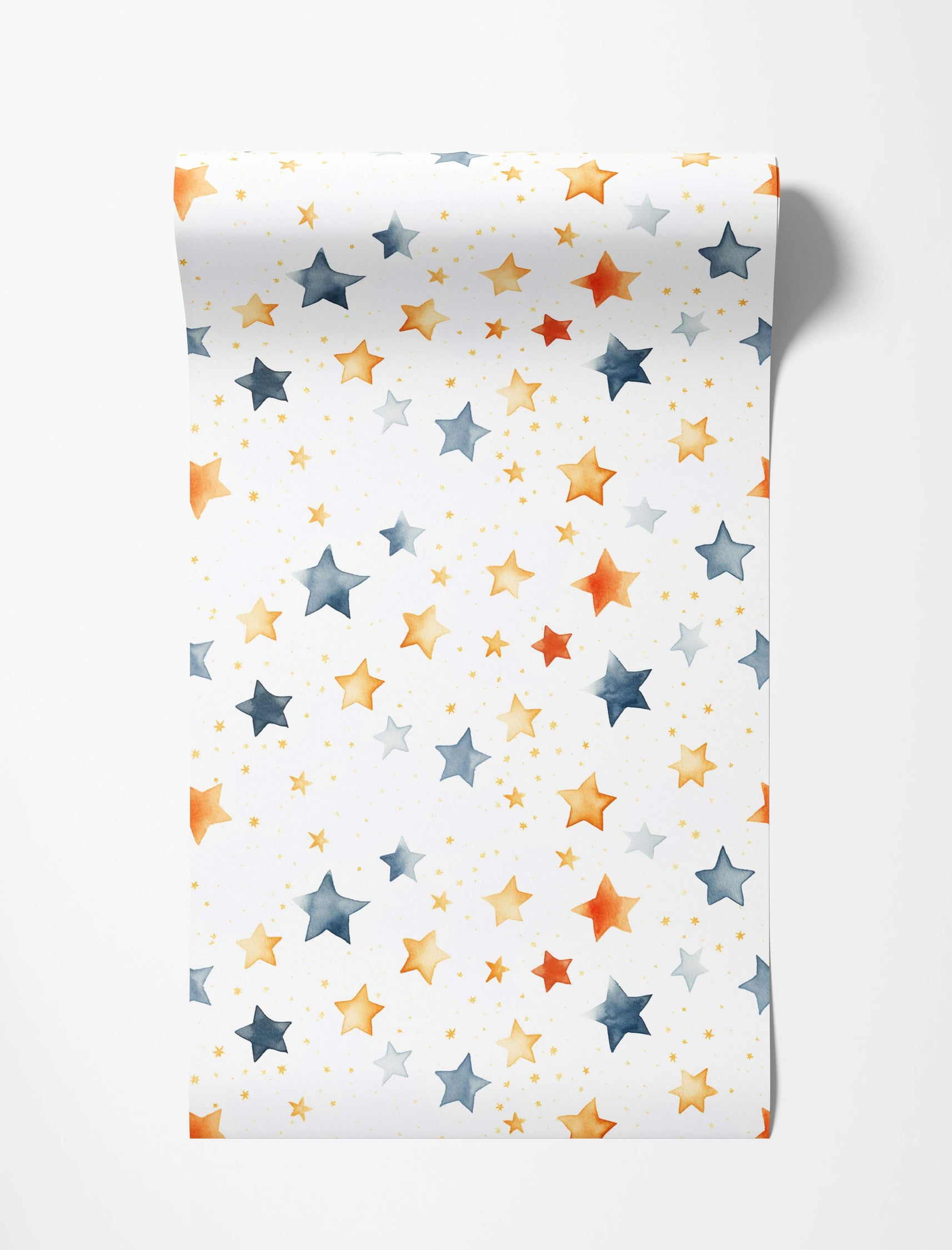 Wallpaper featuring a pattern of watercolor stars in blue, orange, and gold hues, scattered on a white background.