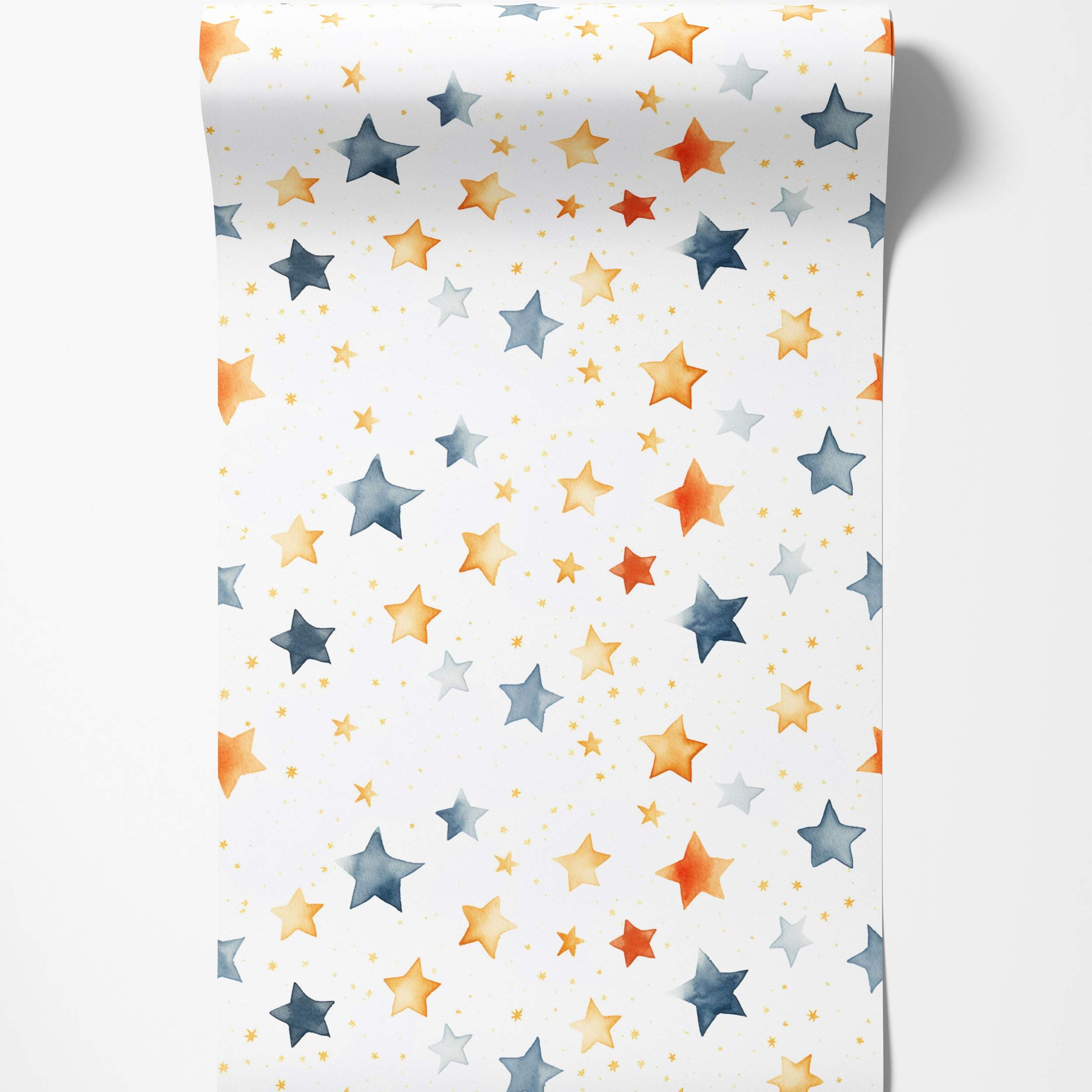 Wallpaper featuring a pattern of watercolor stars in blue, orange, and gold hues, scattered on a white background.