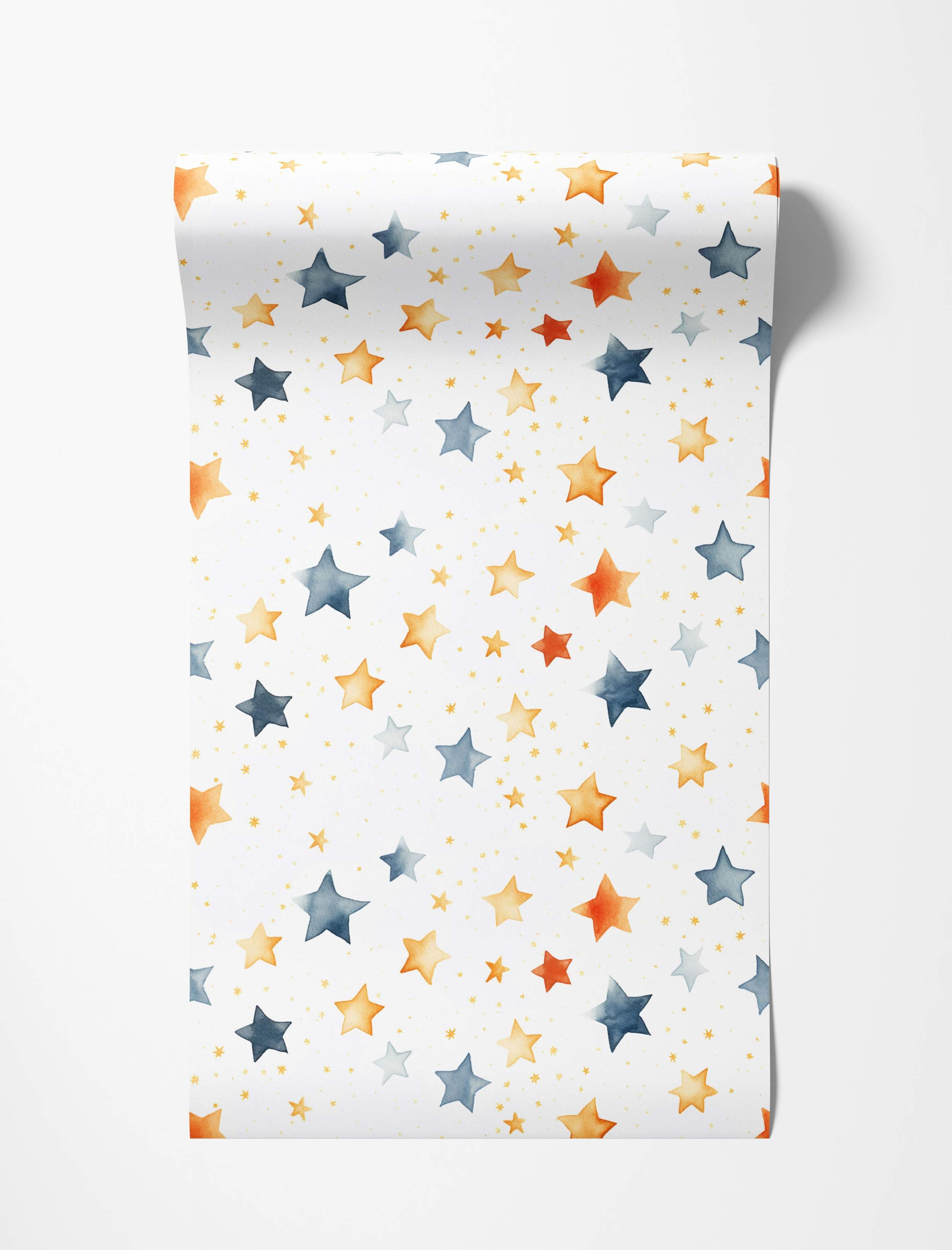 Wallpaper featuring a pattern of watercolor stars in blue, orange, and gold hues, scattered on a white background.