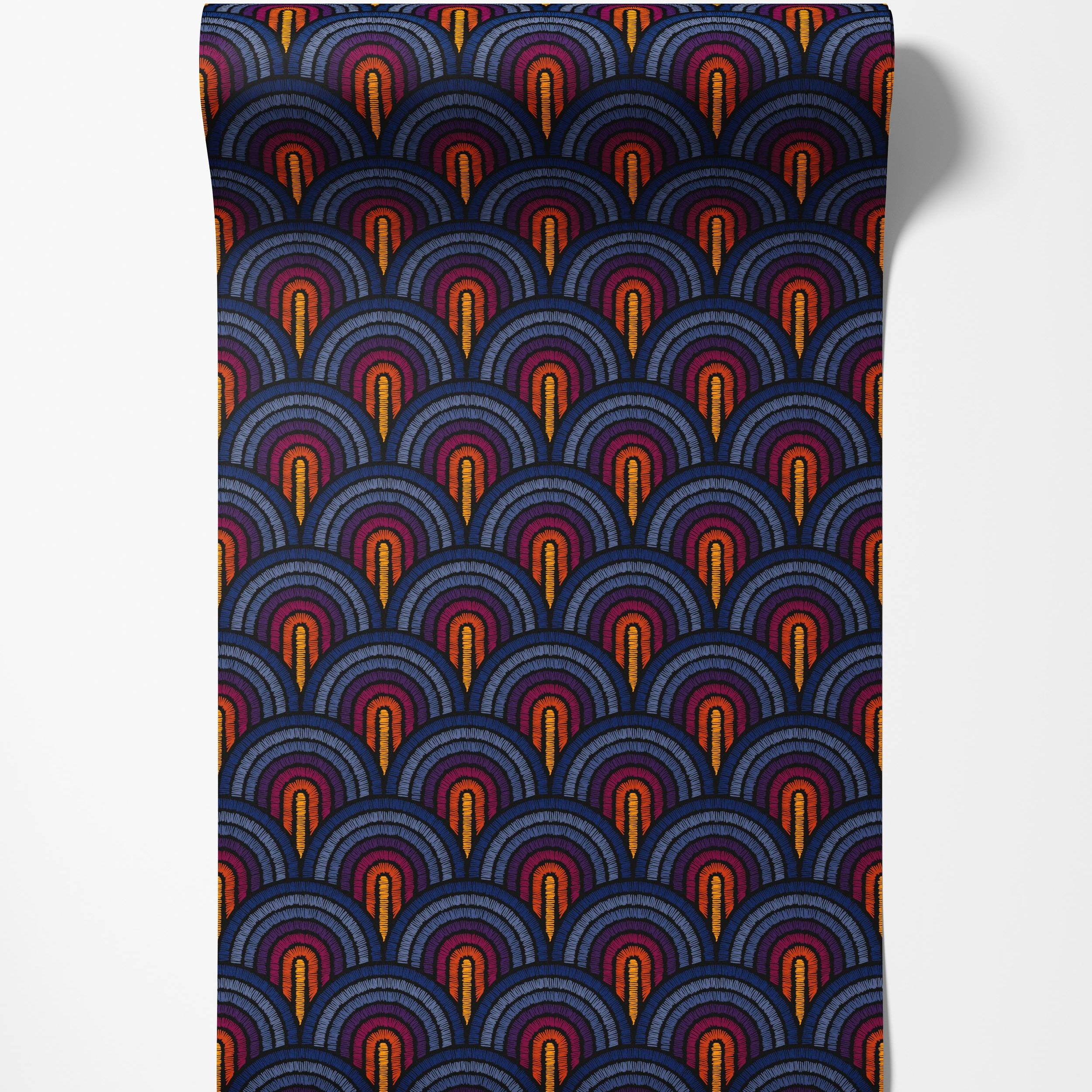Wallpaper featuring an Art Deco repeating pattern of stitched arched scales in vibrant blue, purple, red, orange, and yellow on a dark ground.