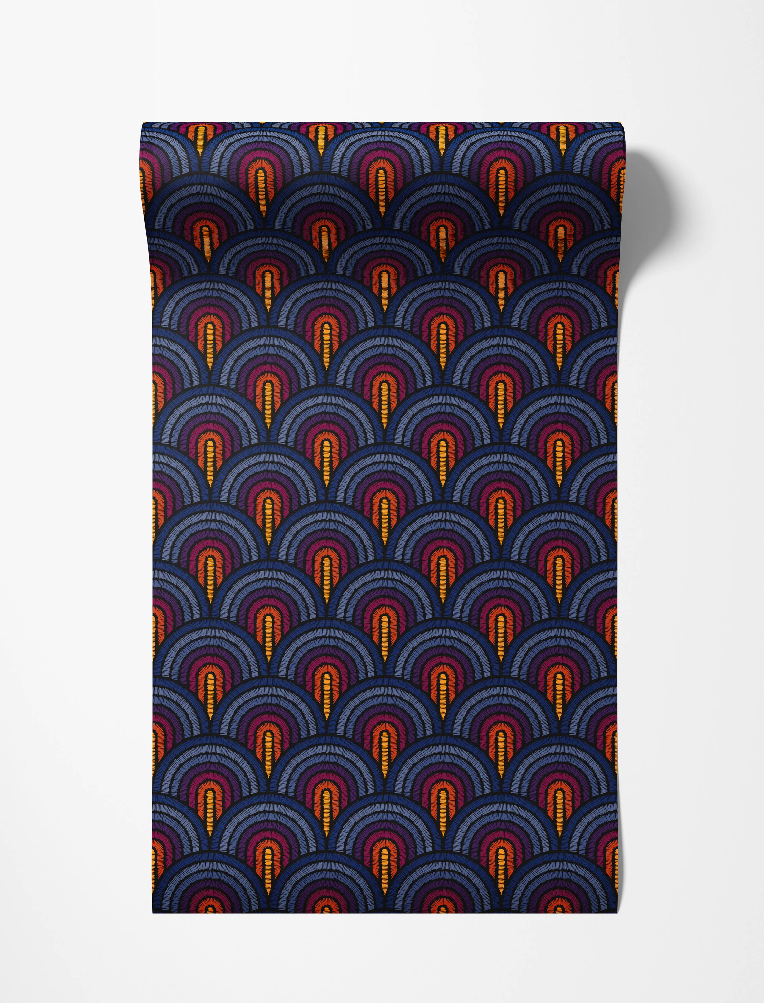 Wallpaper featuring an Art Deco repeating pattern of stitched arched scales in vibrant blue, purple, red, orange, and yellow on a dark ground.